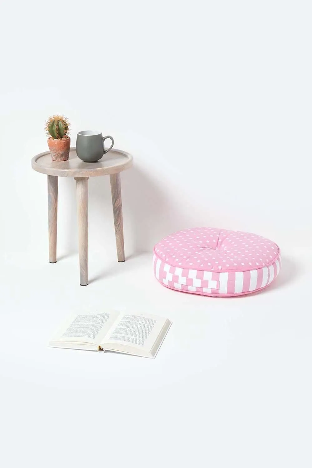 Homescapes Polka Dots & Stripes Round Floor Cushion in Pink 2