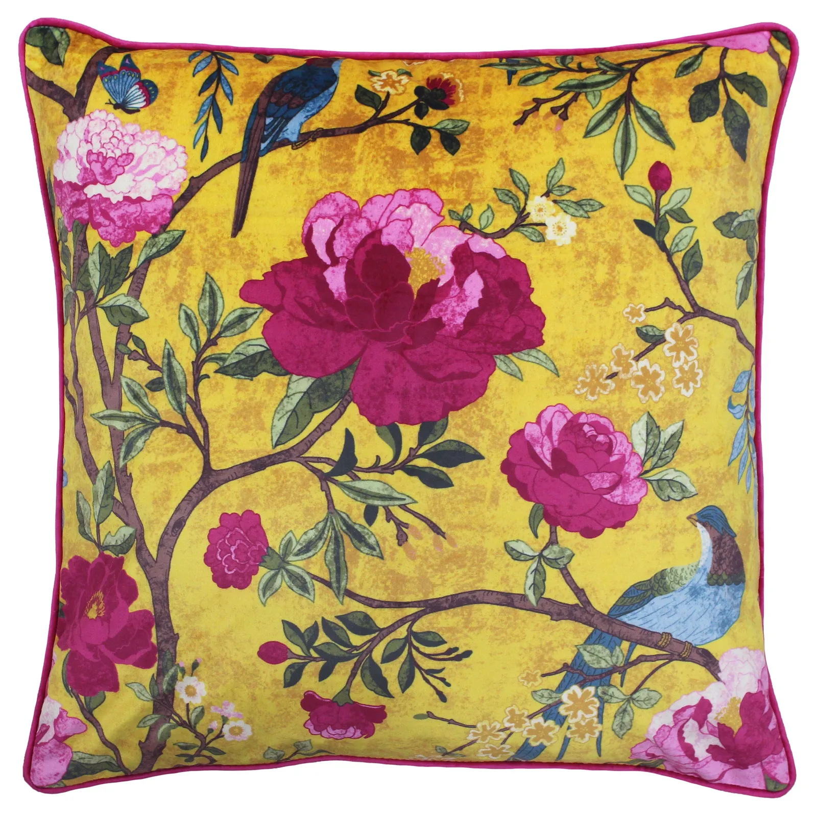 Paoletti Chinoiserie Floral Printed Piped Cushion in Gold 2