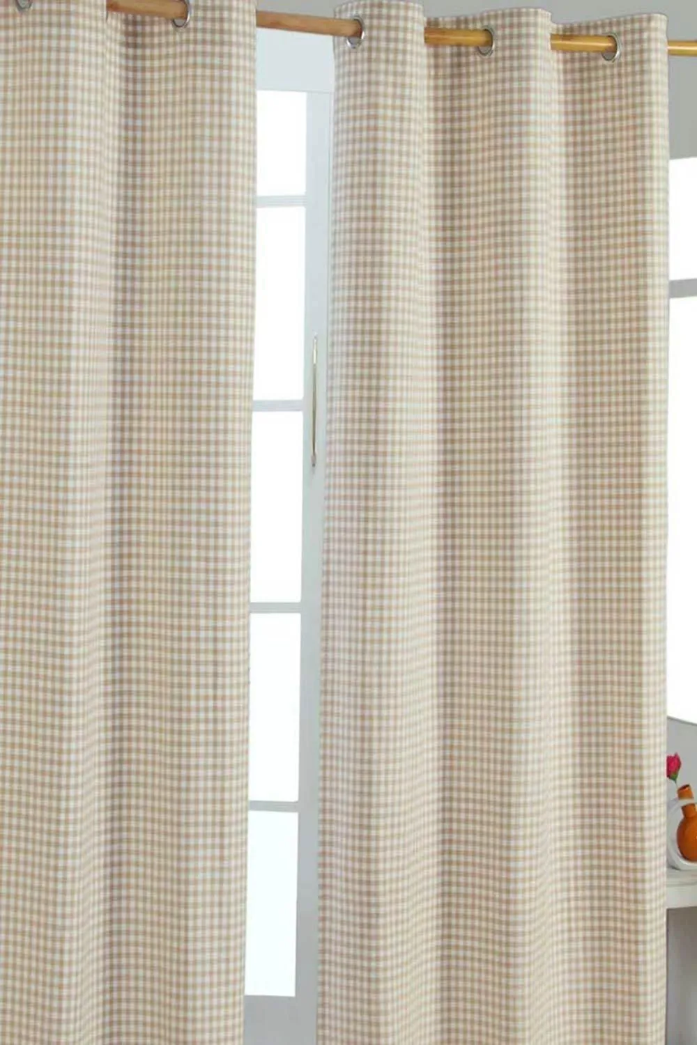 Homescapes Cotton Gingham Eyelet Curtain Pair in Beige