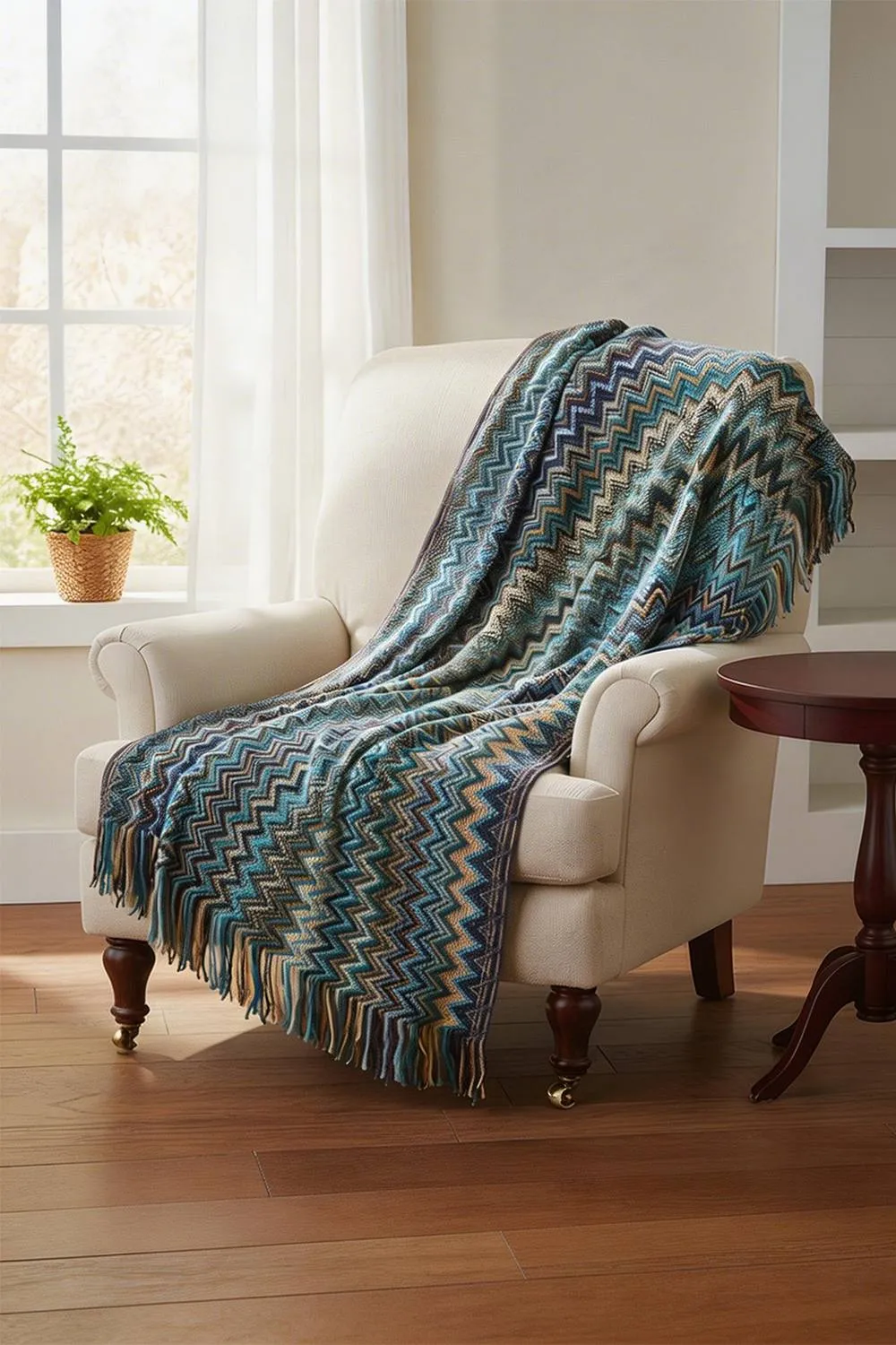 Living and Home Bohemian Sofa Throw Blanket with Tassels in Blue