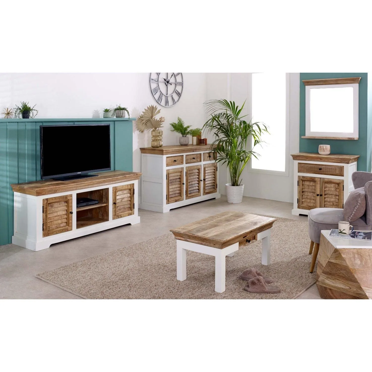 IH Design Curley Solid Mango Wood White Coffee Table With Drawer 5