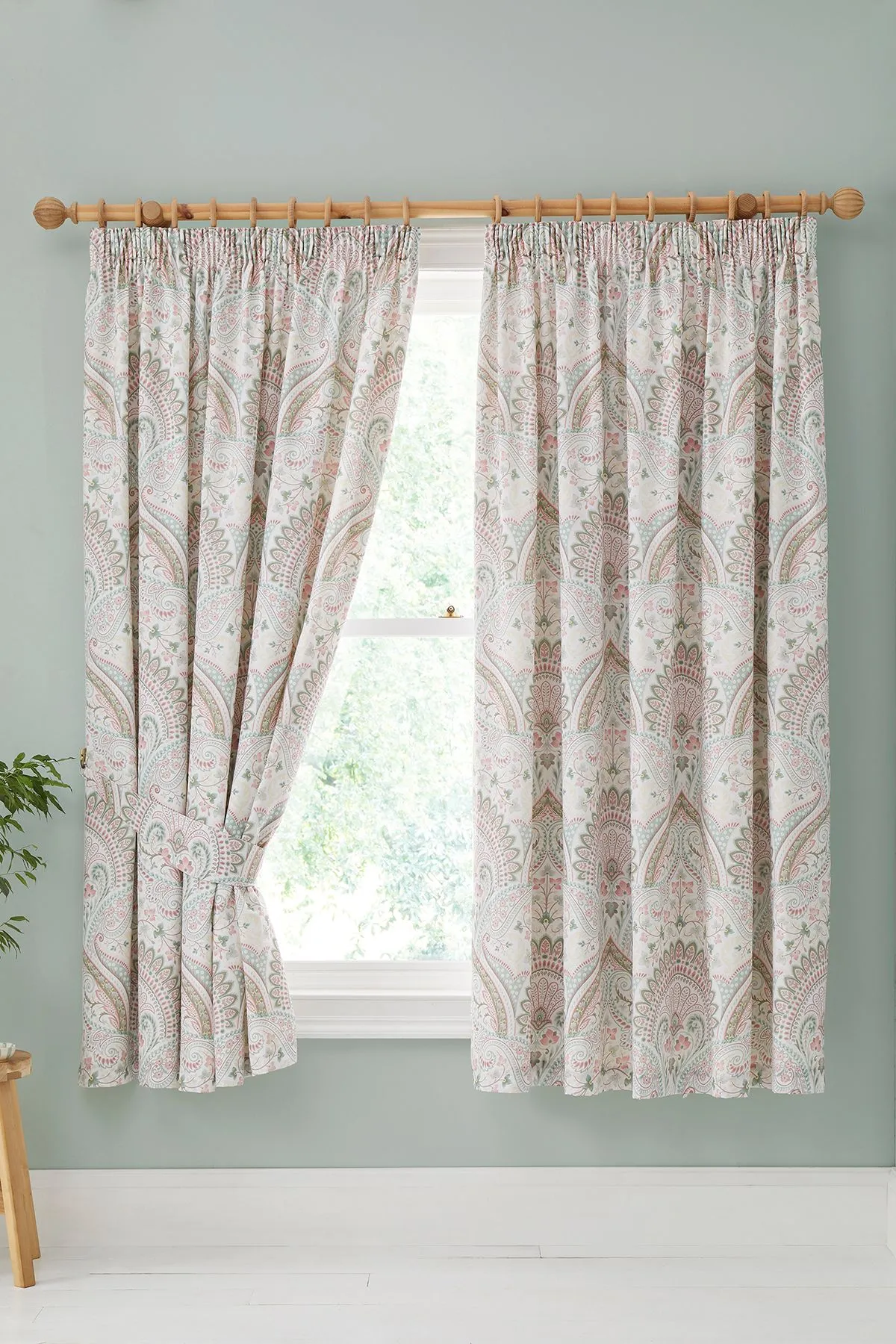 Dreams & Drapes 'Palais' Pair of Pencil Pleat Curtains With Tie-Backs in Green