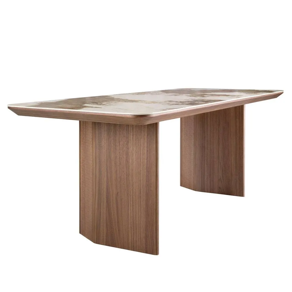 Angel Cerda Rectangular Porcelain Marble Dining Table with Walnut in White 6