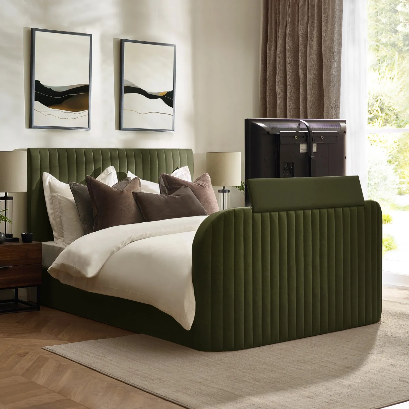 Hermione - Double - Ottoman Storage TV Bed - Green - Fabric - 4ft6 1