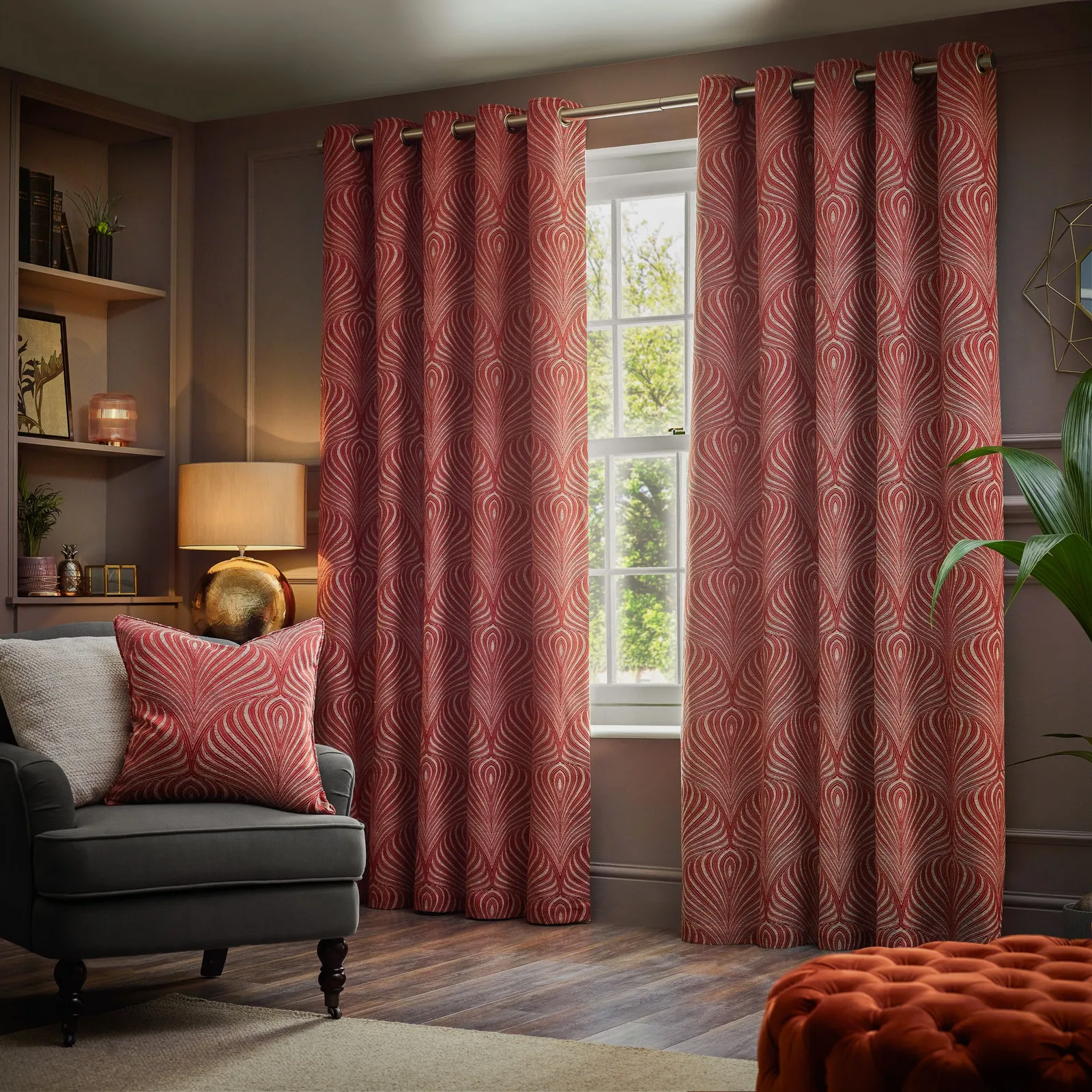 Paoletti Gatsby Jacquard Eyelet Curtains in Terracotta 1