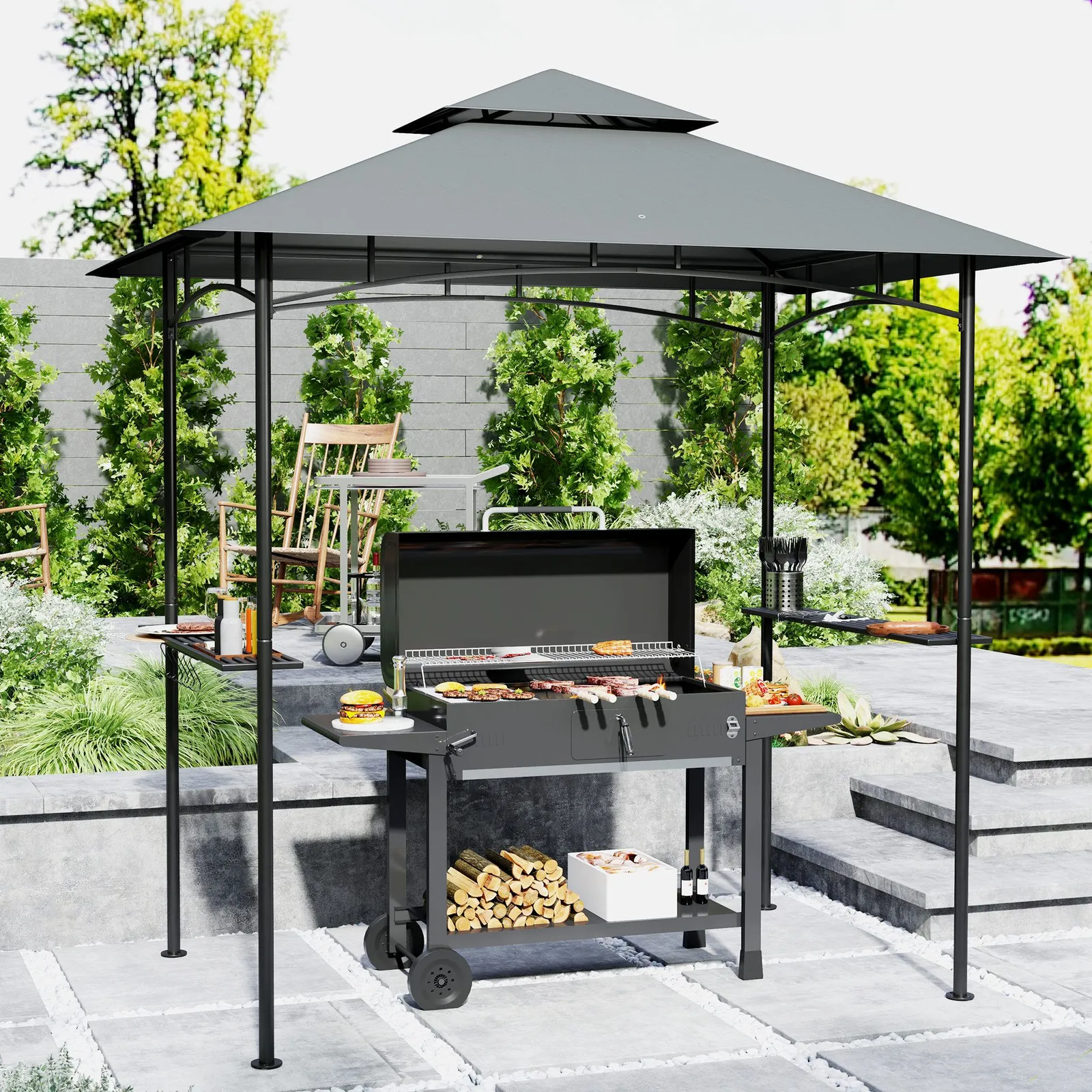 OUTSUNNY 8' x 5' Double Tiered BBQ Gazebo Shelter with LED Lights in Dark Grey