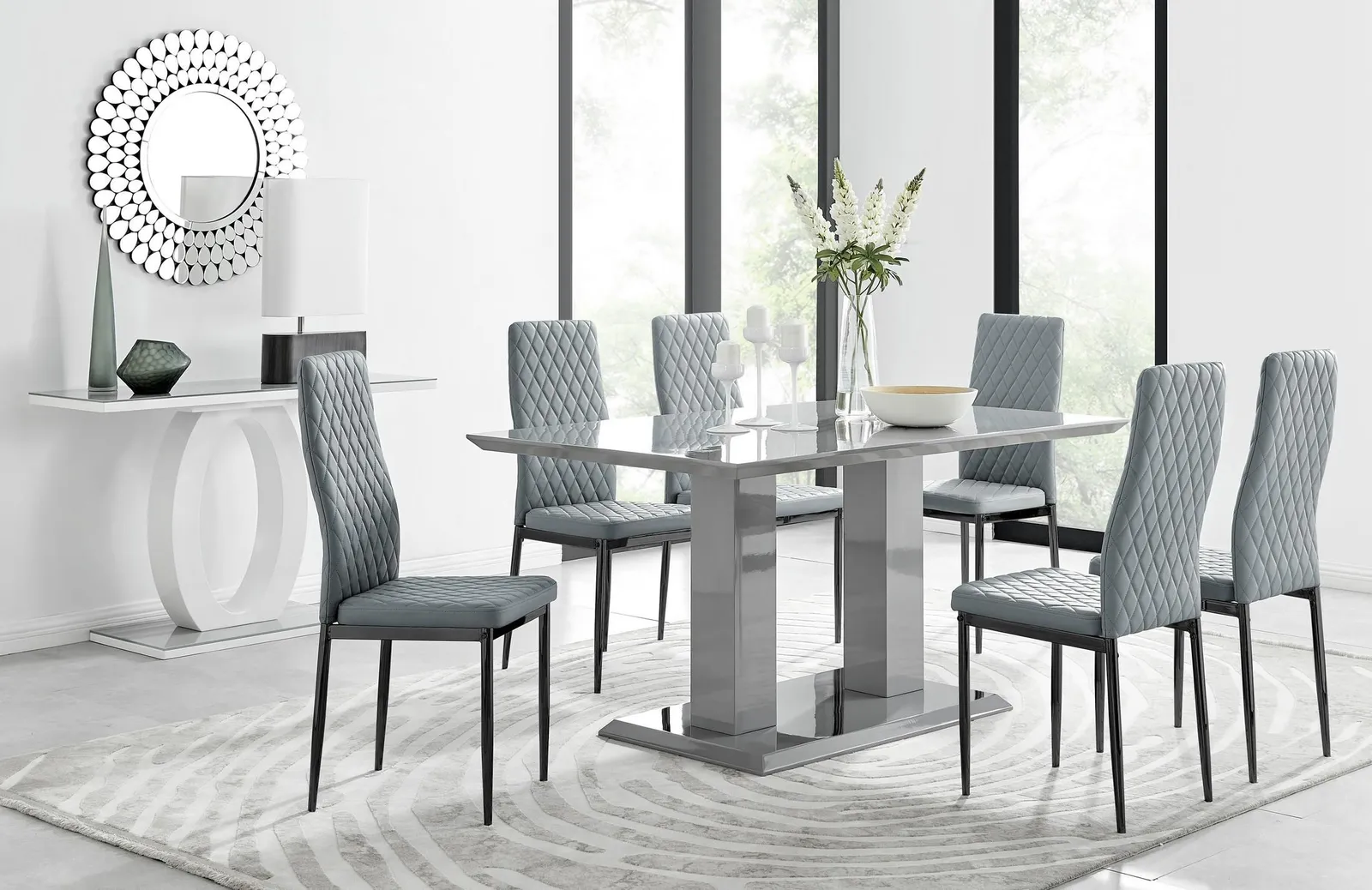 FurnitureboxUK Imperia 6 Grey Dining Table & 6 Milan Black Leg Chairs 1