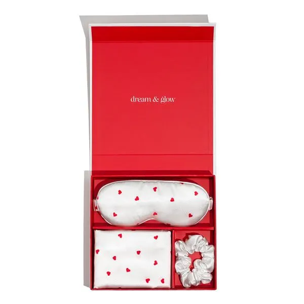 Silver Cloud Silver Ion Infused Satin Gift Set Heart Print in White | Size: Standard Pillow Case