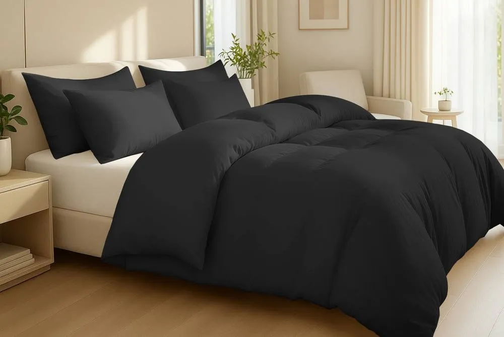 Pamposh Egyptian Cotton Duvet Cover Set - Soft, Breathable With Zipper Closure in Black