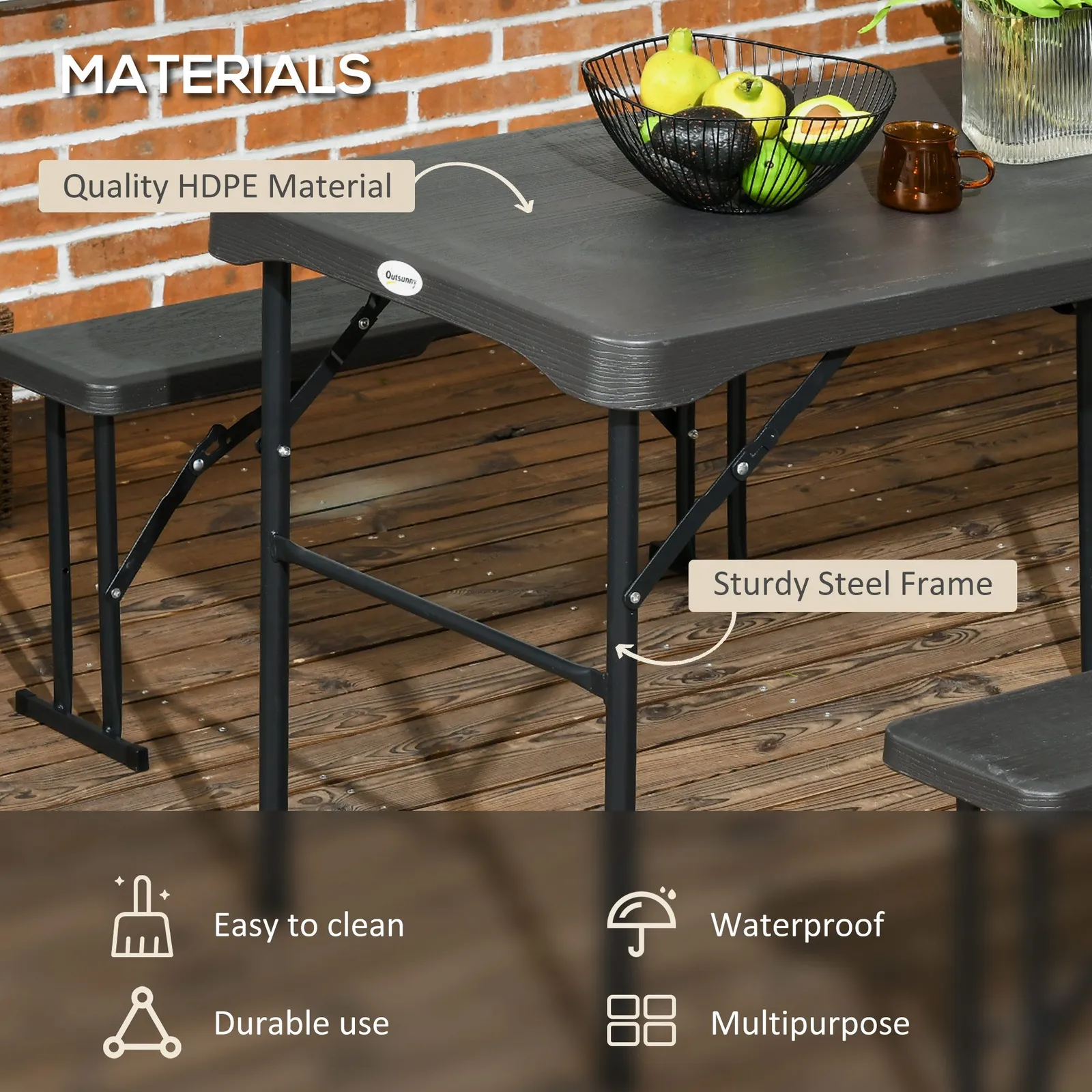 OUTSUNNY HDPE Picnic Table Set w/ Dining Table & 2 Benches for 6, Dark Grey 4