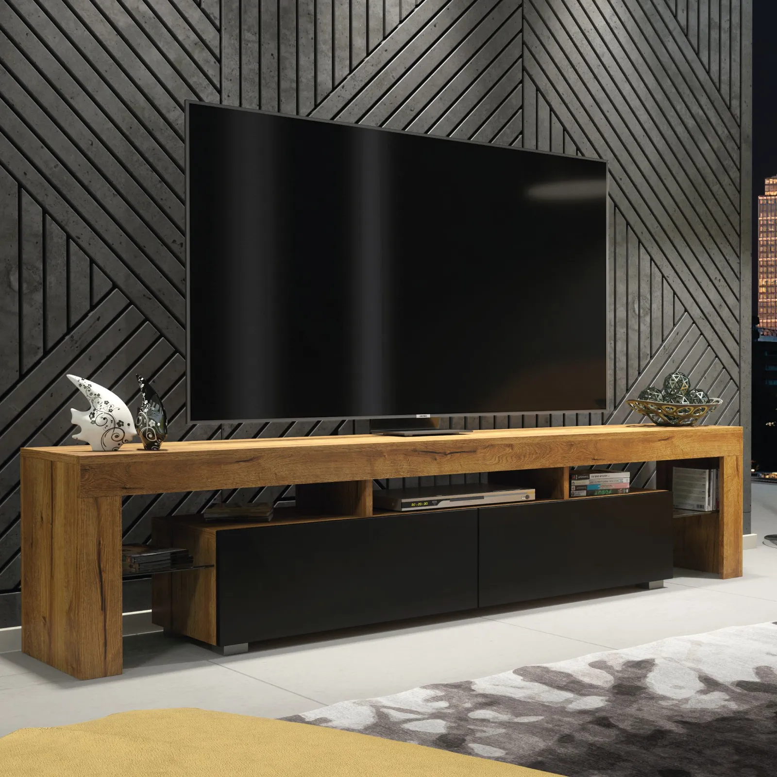 Creative Furniture TV Unit 200cm Modern - Oak with Matt Black Doors in Brown 6
