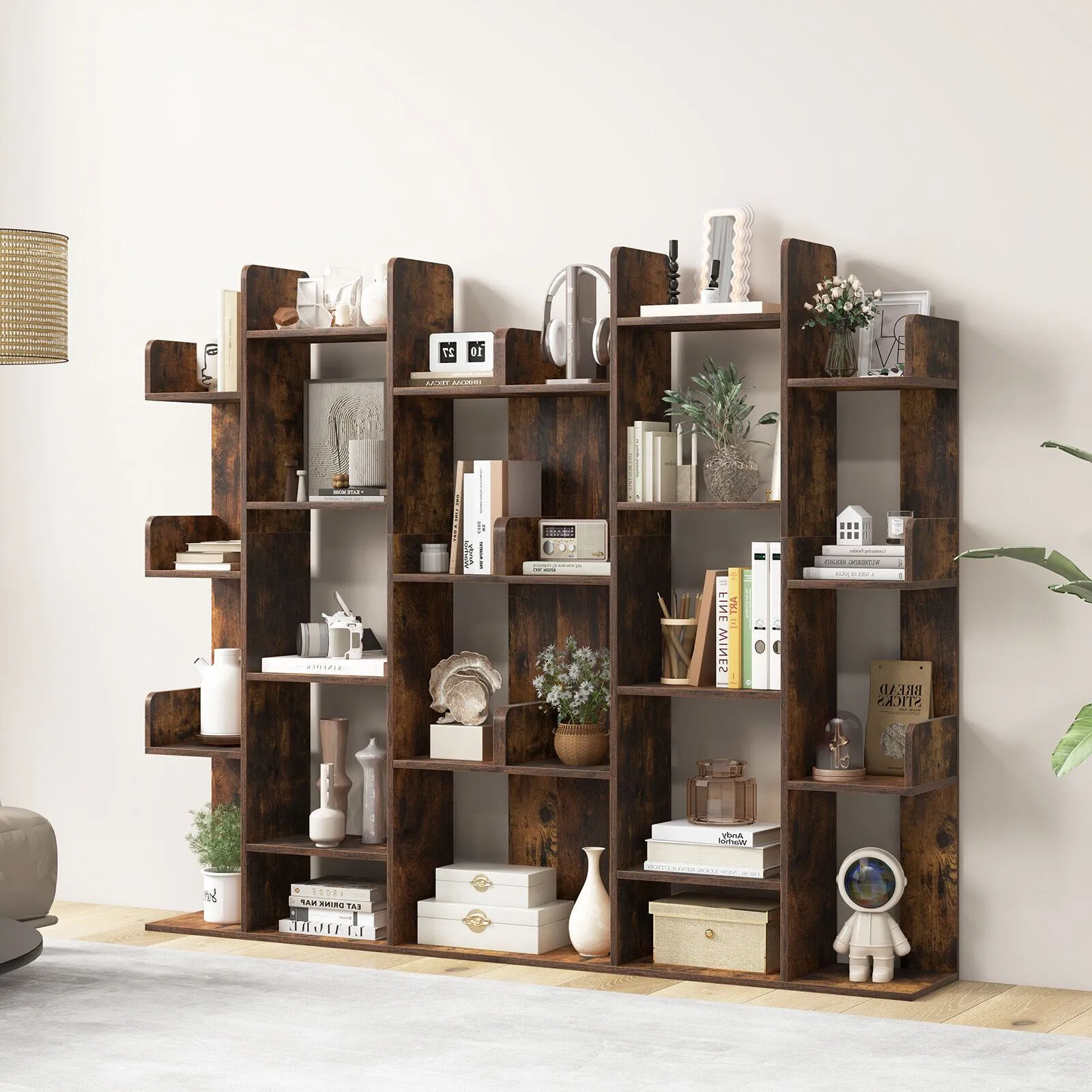 Costway Tree Bookshelf Tall Bookcase Corner Books Storage Organizer Display Cube Shelf in Brown 4