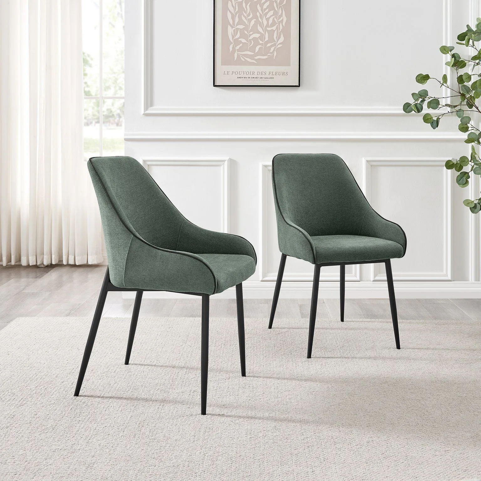 FurnitureboxUK Beaumont 2x Fabric Black Leg Dining Chair in Green 2