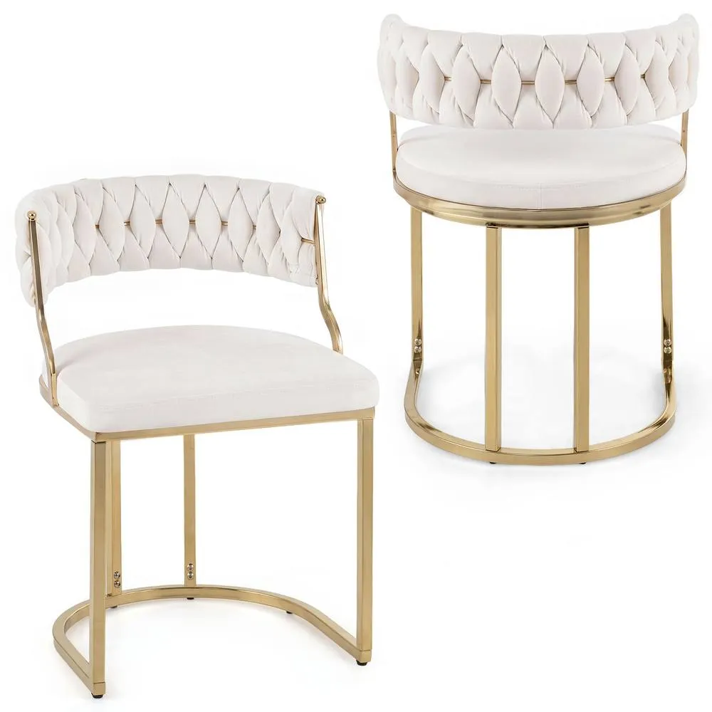 Costway 2PCS Velvet Dining Chairs Modern Woven Upholstered Accent Chairs in White