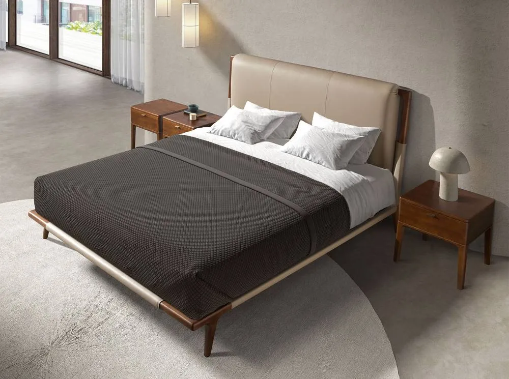 Angel Cerda Mink Leatherette Double Bed with Walnut-Coloured in Beige 3