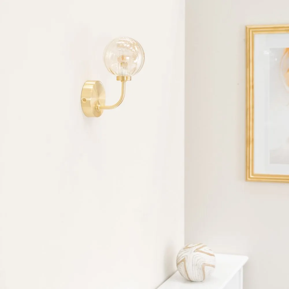 ValueLights Chessy Pair of Ribbed Glass Globe Shade Gold Stem Wall Lights & LED Bulbs 5