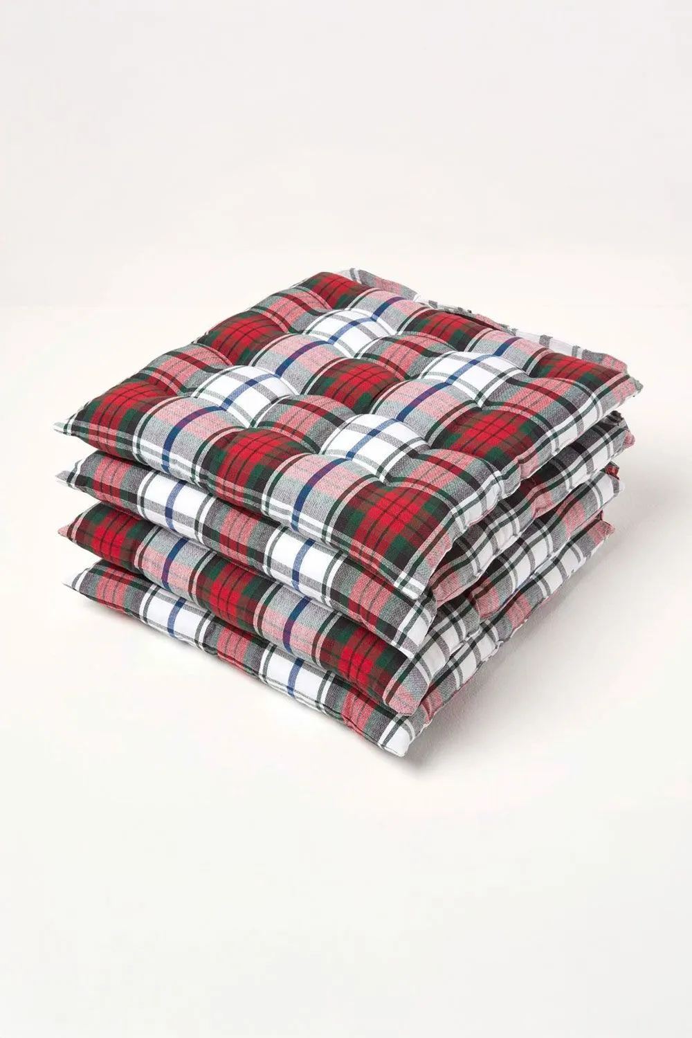 Homescapes 4 Pack Seat Pads Cotton Macduff Tartan Indoor Outdoor Garden Cushion, 40cm in Red