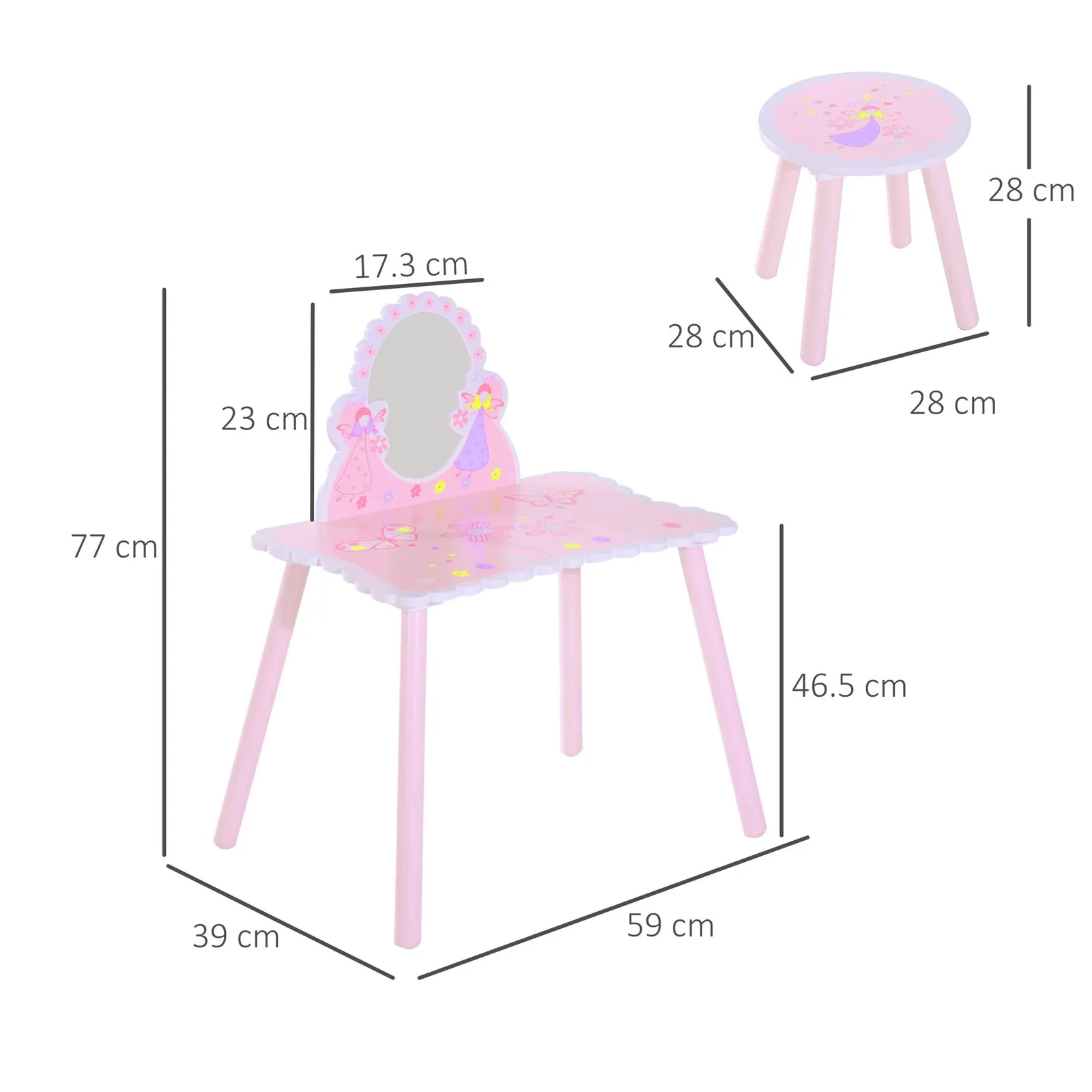 HOMCOM Make Up Play Set Desk Chair Mirror Girls Pink Dressing Table with stool MDF Pink 3