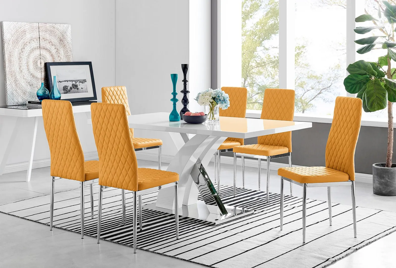 FurnitureboxUK Atlanta Modern Rectangle Chrome Metal High Gloss White Dining Table & 6 Milan Chairs Set in Mustard 1