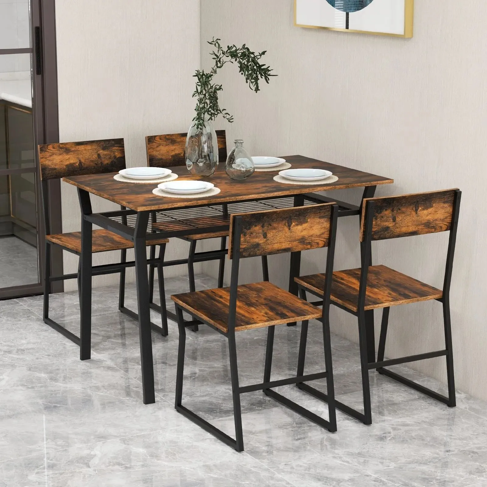 Costway 5PCS Dining Table Set Industrial Rectangular Kitchen Table W/4 Chairs in Brown 4