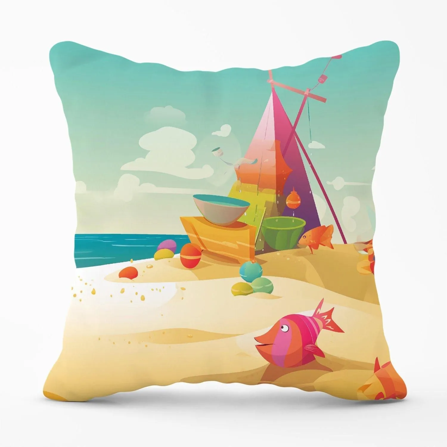 Warren Reed - Designer Fish On A Beach Holiday Outdoor Cushion in Yellow