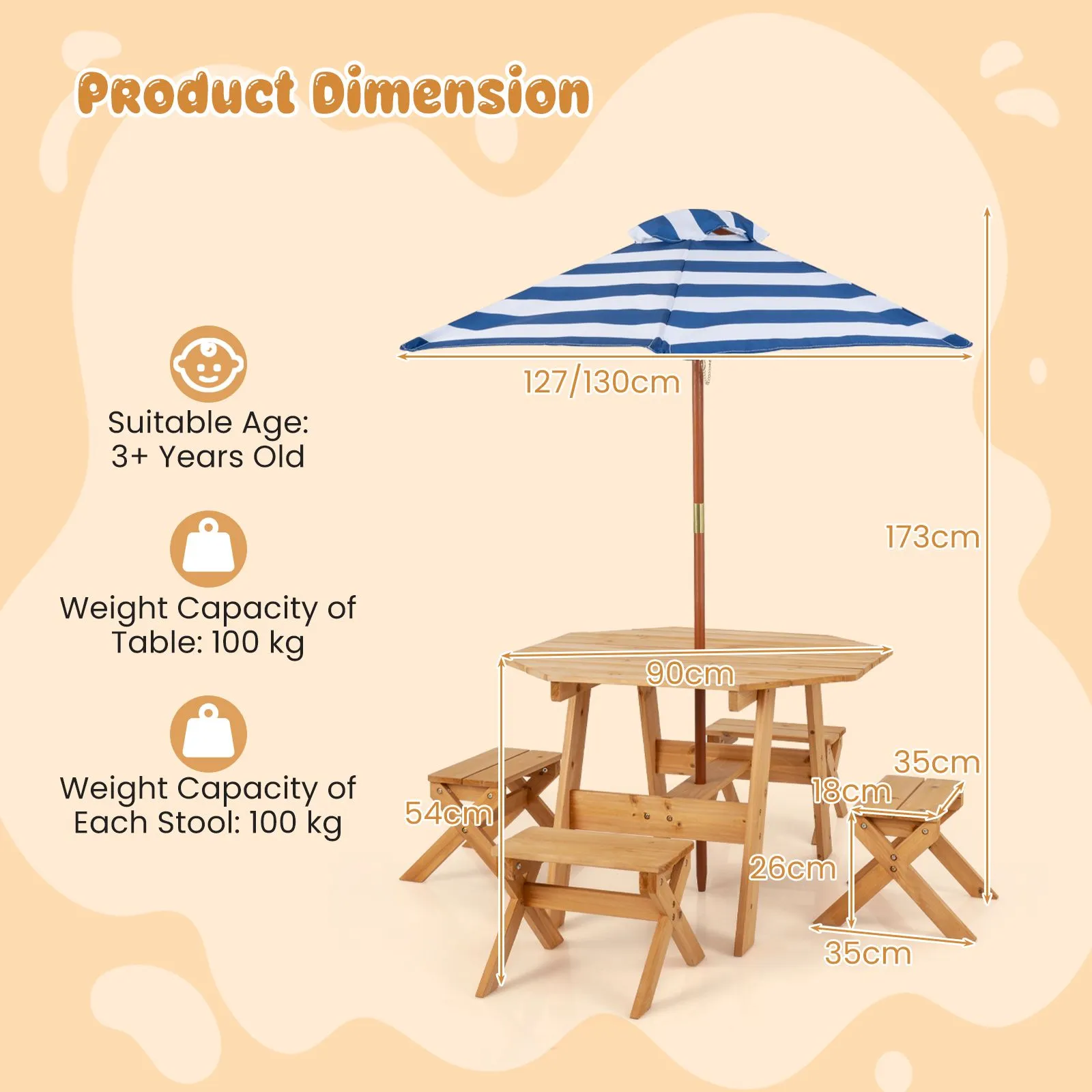Costway Wooden Octagon Table Set Picnic Table & 4 Chairs with Umbrella in Natural 2