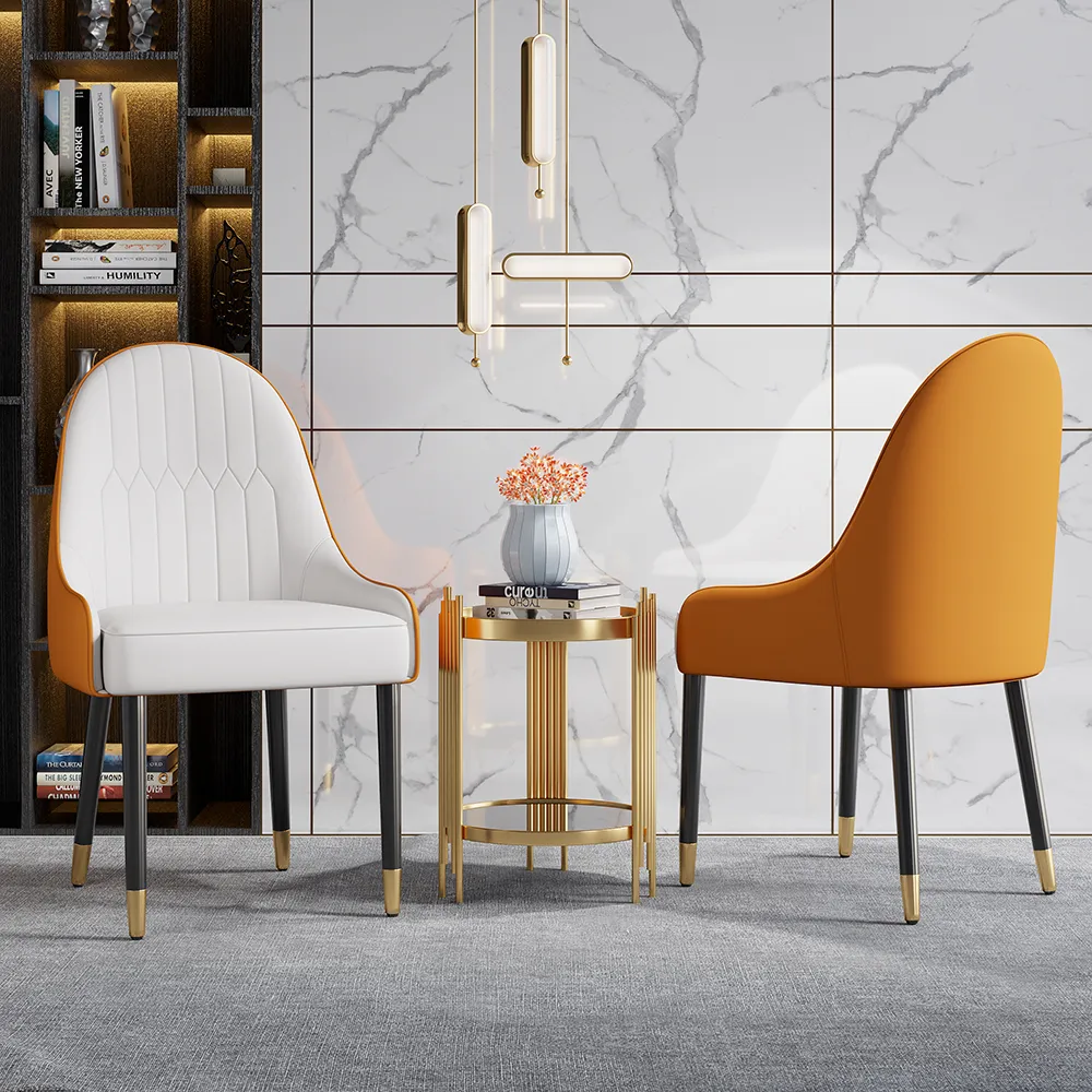Set of 2 Modern Dining Chairs PU Leather with Upholstered in White & Orange Dining Room Chairs