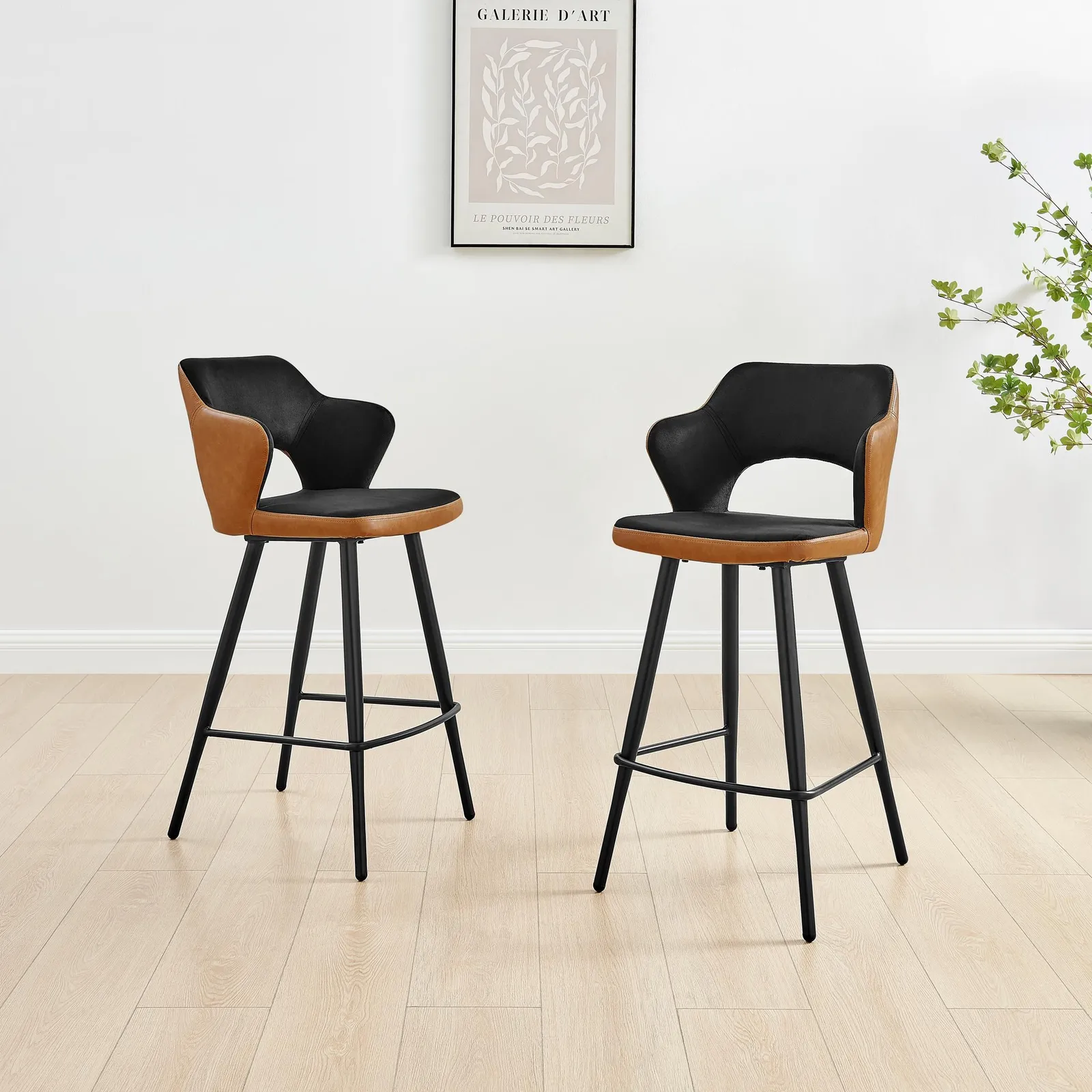FurnitureboxUK Kai 2x Black Velvet Tan Faux Leather Black Leg Counter Stools 2