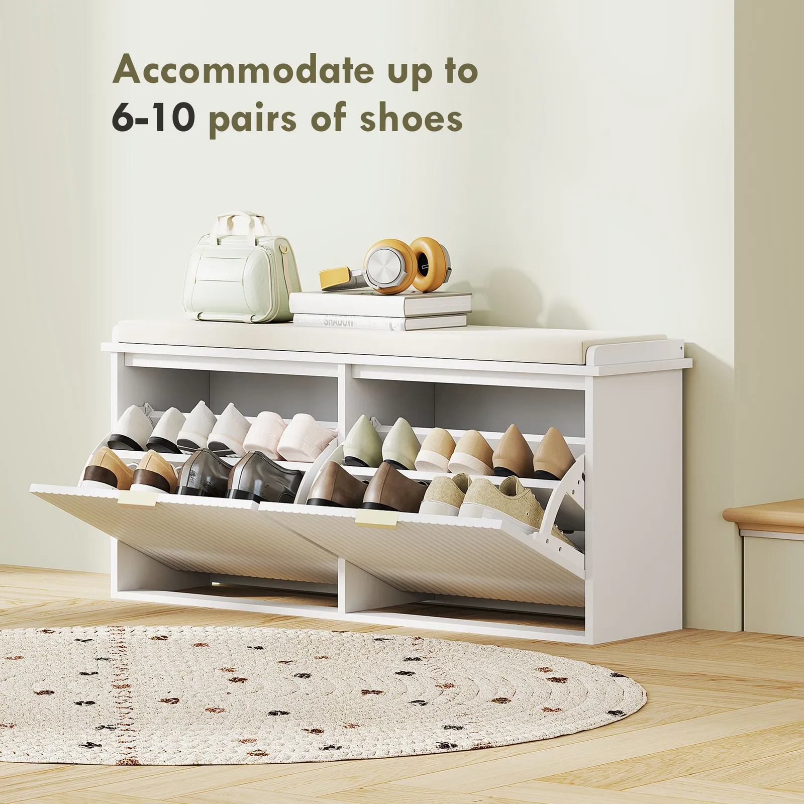 HOMCOM Shoe Storage Bench with Cushion & Flip-Drawer 104x26x47.5cm in White 5