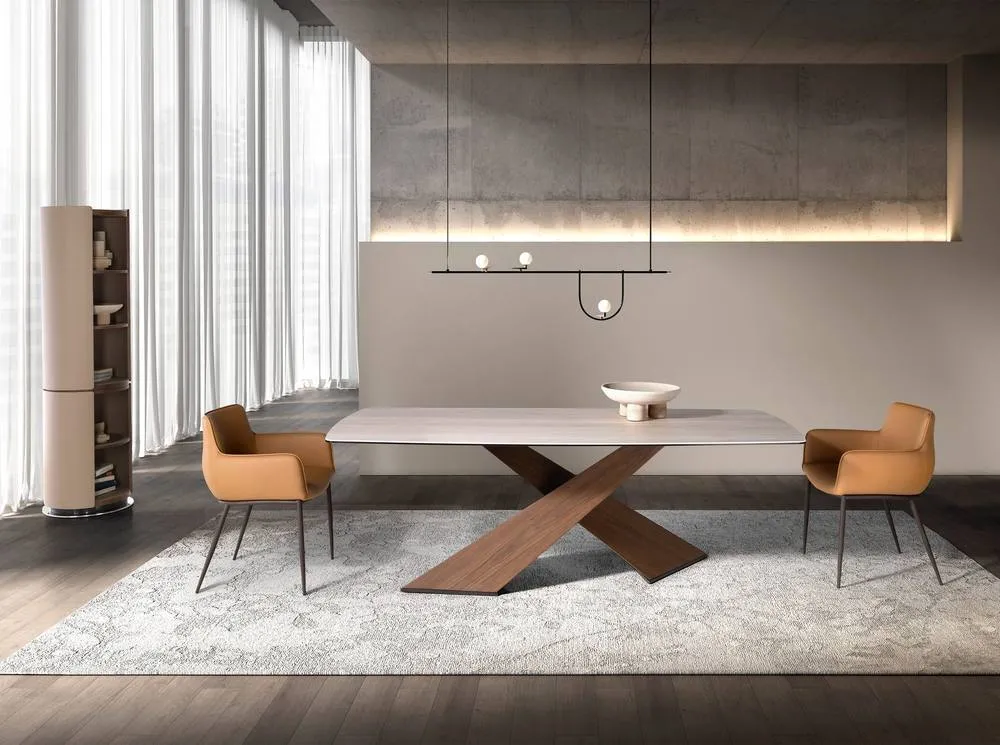 Angel Cerda Oval dining table with barrel-shaped porcelain marble & walnut top in Light Sand 4