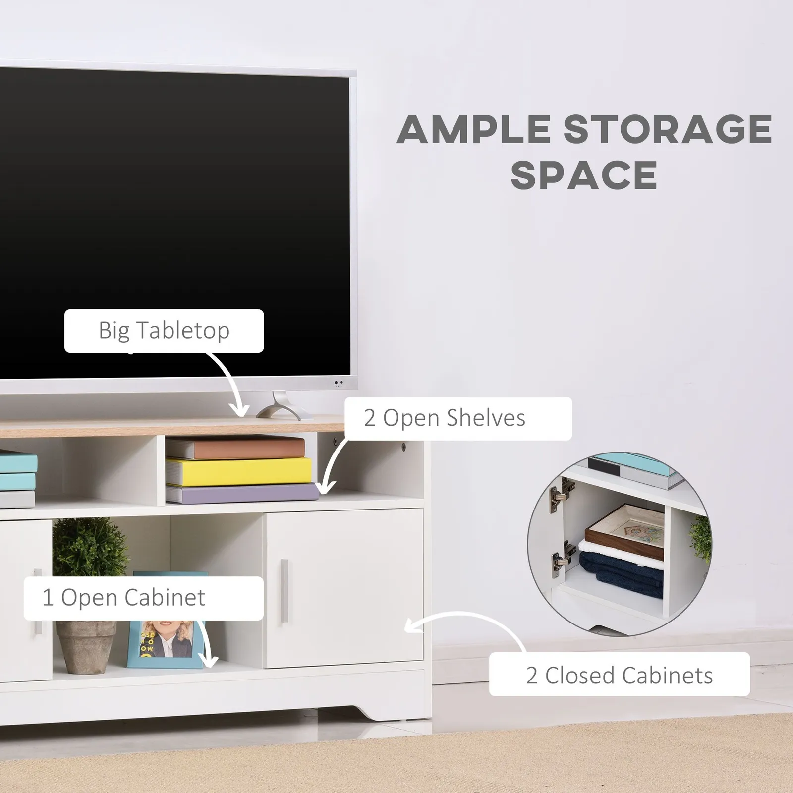 HOMCOM Home Office 42" TV Stand Storage Unit with Cabinets Shelves Table Top in White 4