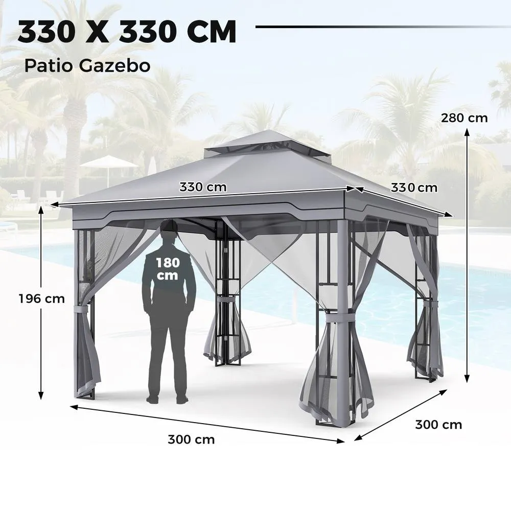 Costway 3.3 x 3.3 M Double Roof Soft Top Patio Gazebo w/ Zippered Mesh Netting in Grey 3