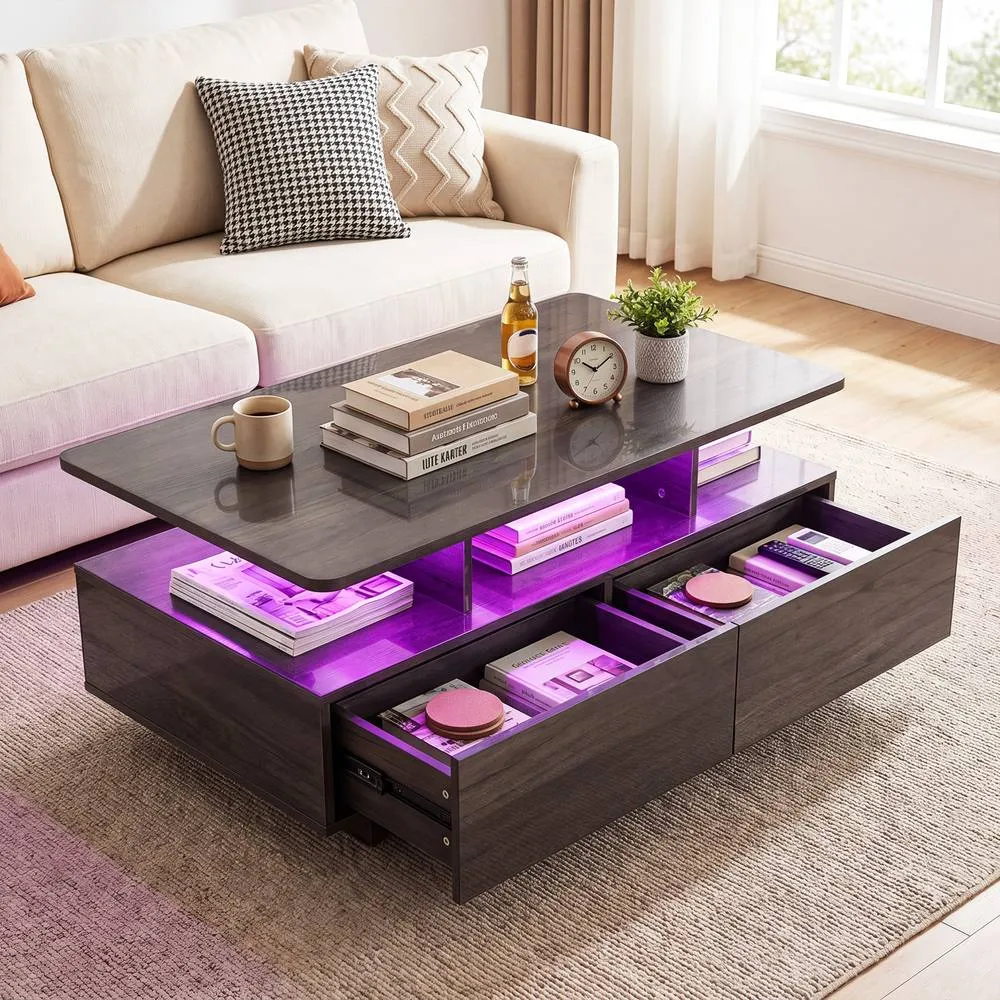 Costway Coffee Table 20-Colour Lighted High Glossy Center Table With 2 Drawers in Grey 3