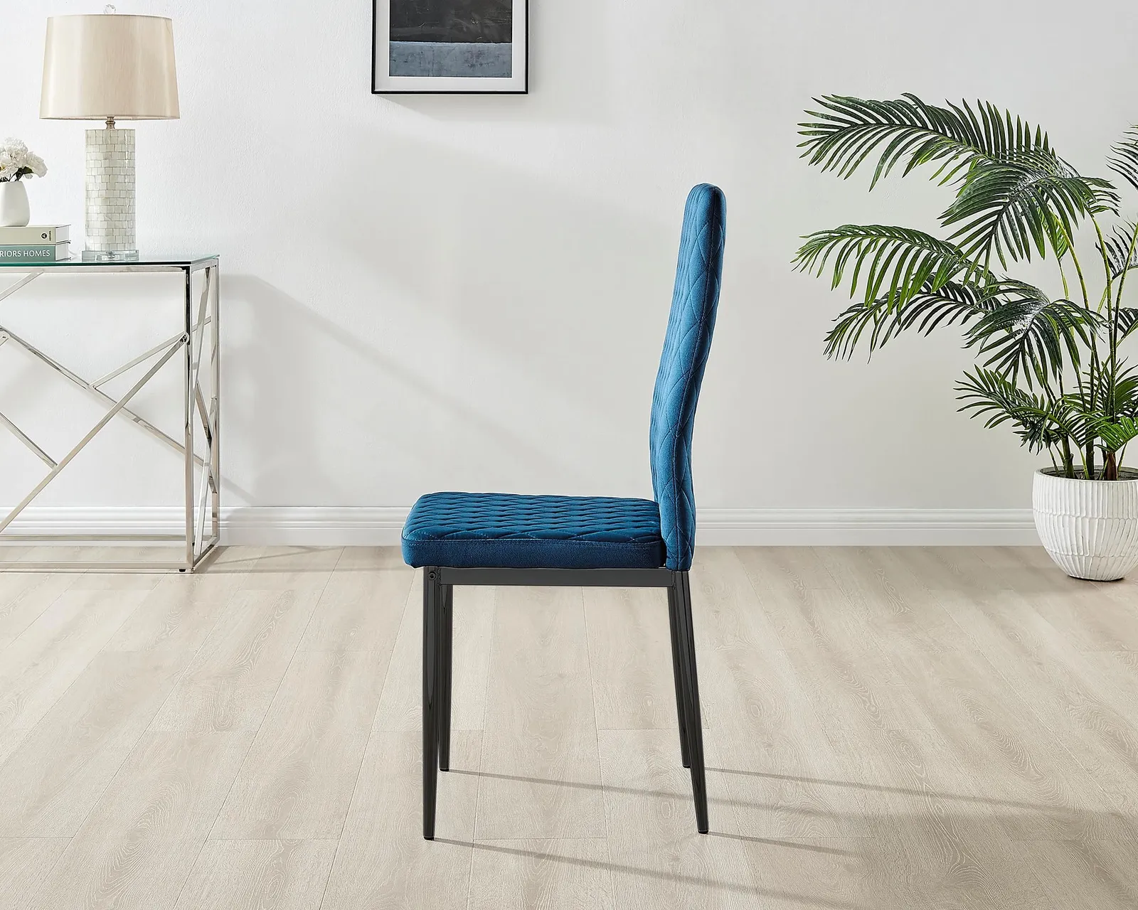 FurnitureboxUK Set of 4 Milan High Back Soft Touch Diamond Pattern Velvet Dining Chairs With Black Powder Coated Metal Legs in Navy 5