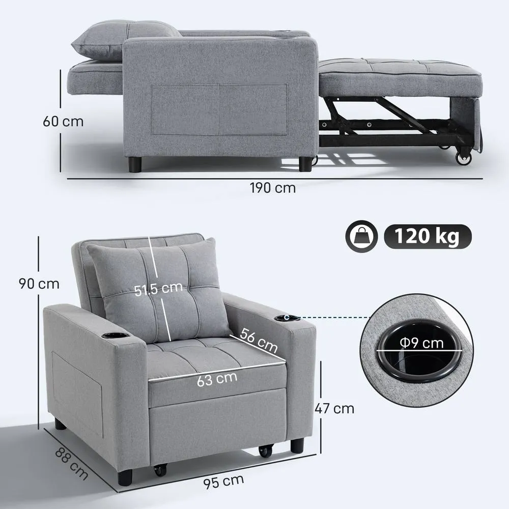 HOMCOM 3-in-1 Sofa Bed, Convertible Sleeper Chair with Adjustable Backrest in Light Grey 3