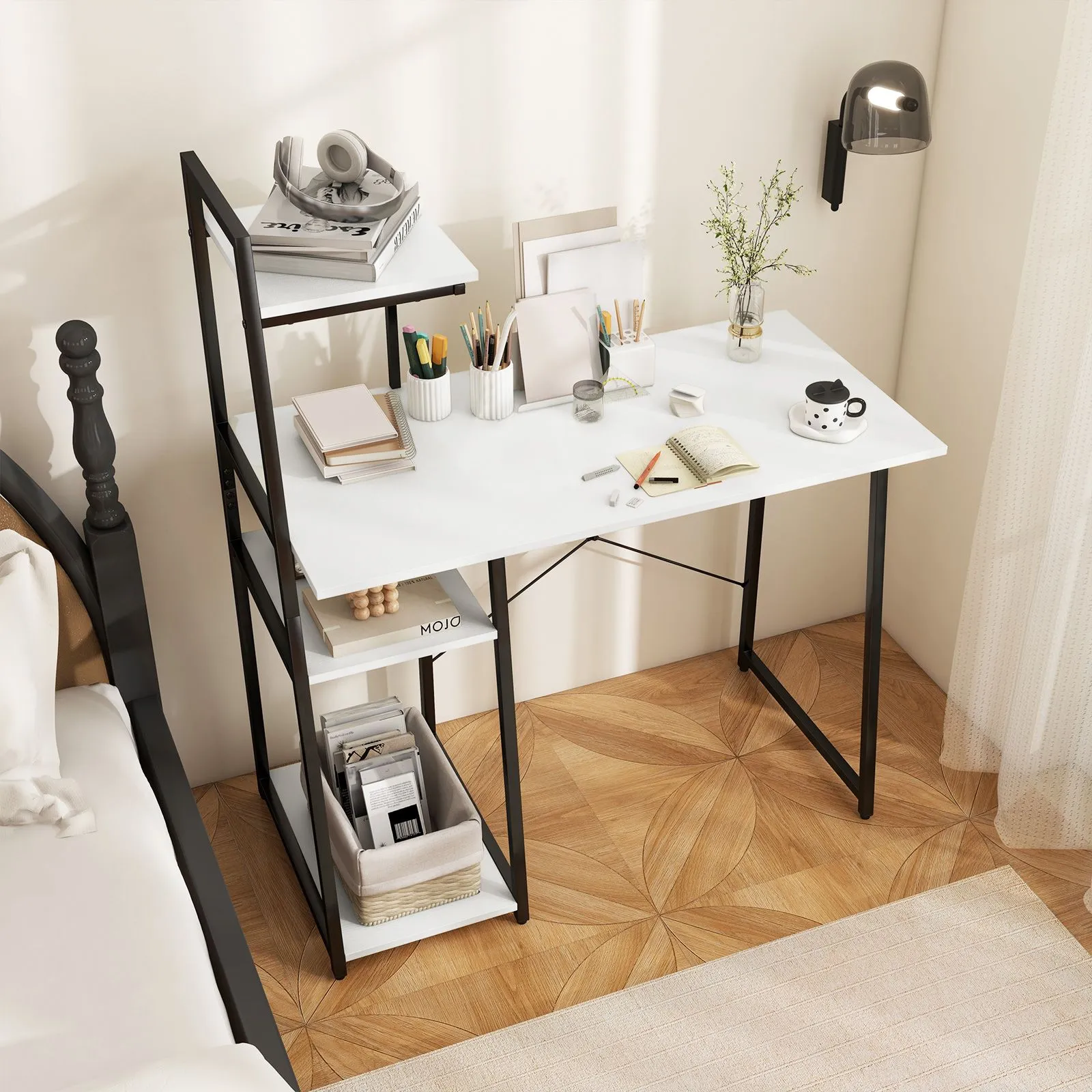 Costway Home Office Desk Computer Desk PC Laptop Table w/ Bookshelf & Host Stand in White