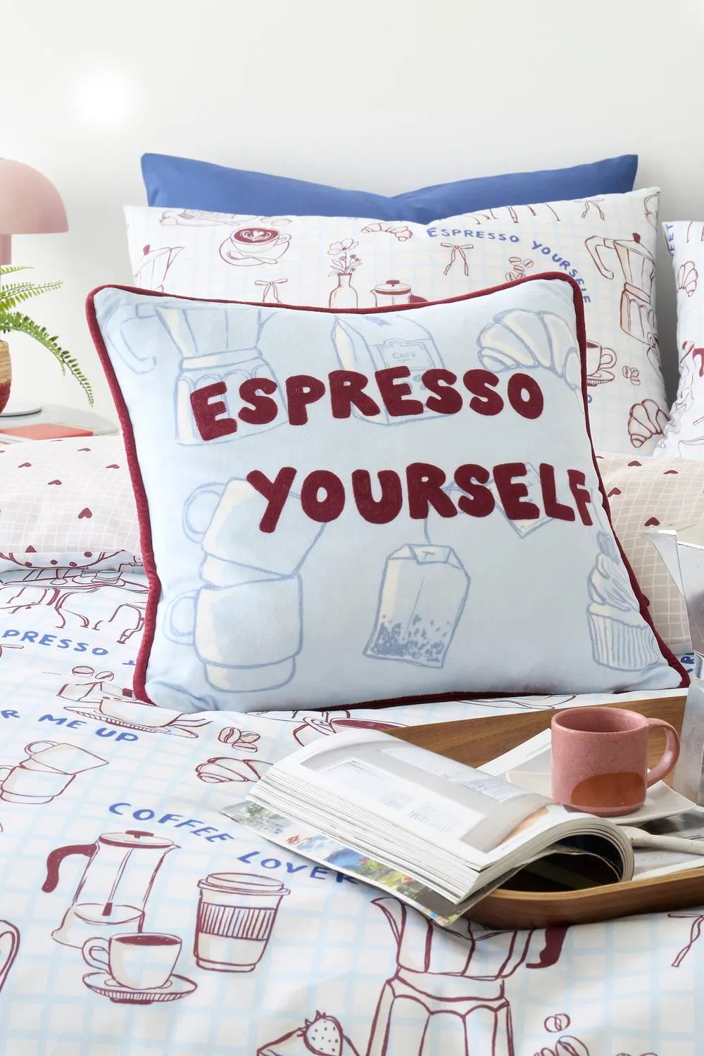 Fusion 'Coffee Club' Velvet Filled Cushion in Blue 2