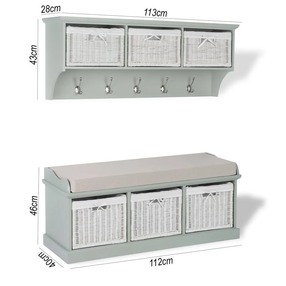 Statement Furniture Tetbury 3 White Wicker Basket & Cream Cushion Hallway Set in Light Green 2