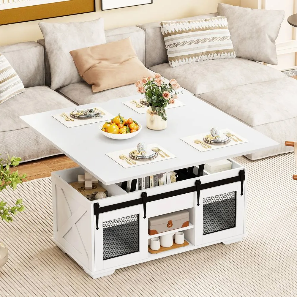 Costway Lift Top Coffee Table 3-in-1 Farmhouse Center Table w/ 2 Sliding Doors in White 3
