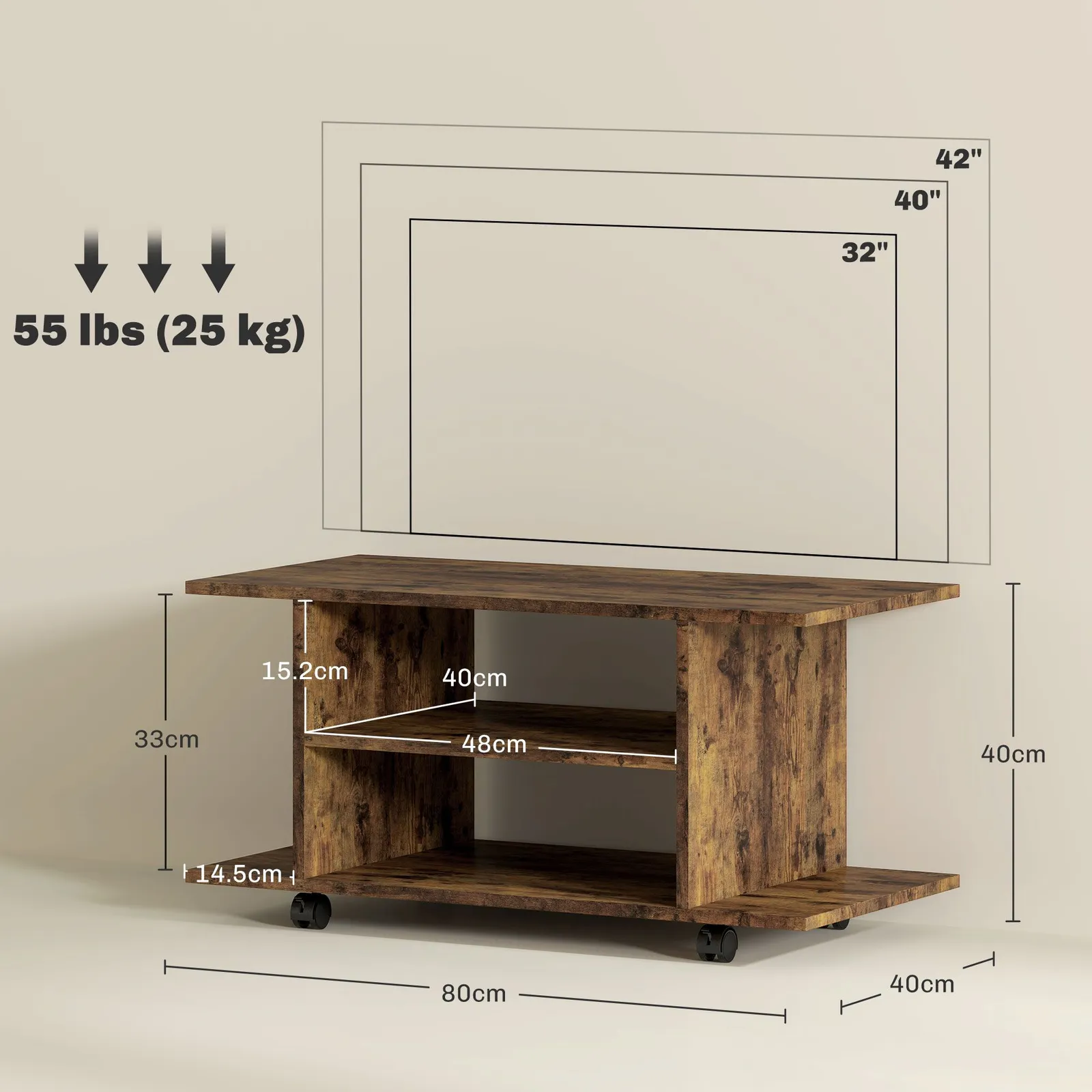 HOMCOM Modern TV Cabinet Stand Storage Shelves Table Mobile Rustic Brown 3