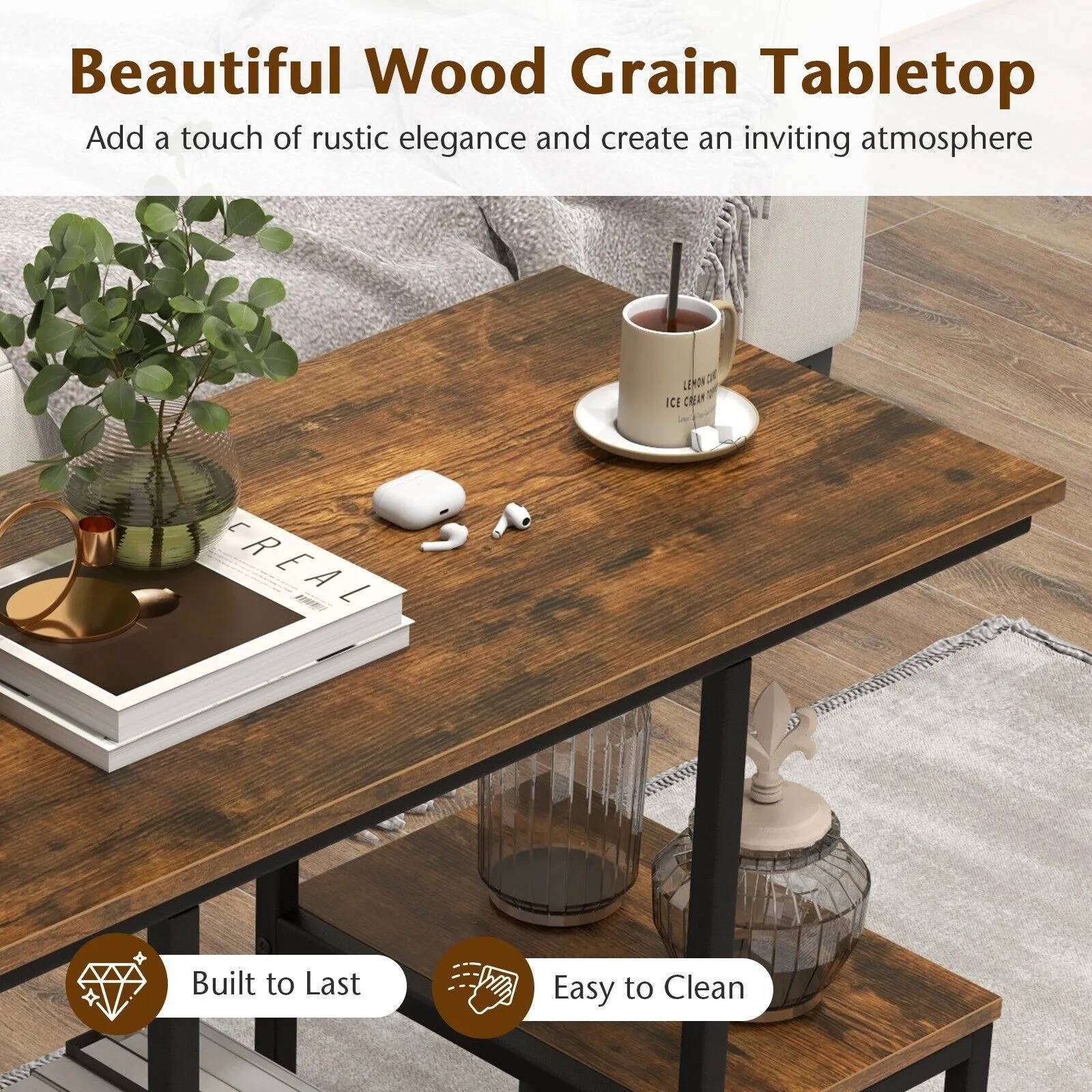 Costway Rustic TV Console Table for 50 Inches TVs Industrial Sofa Table Rack in Brown 6