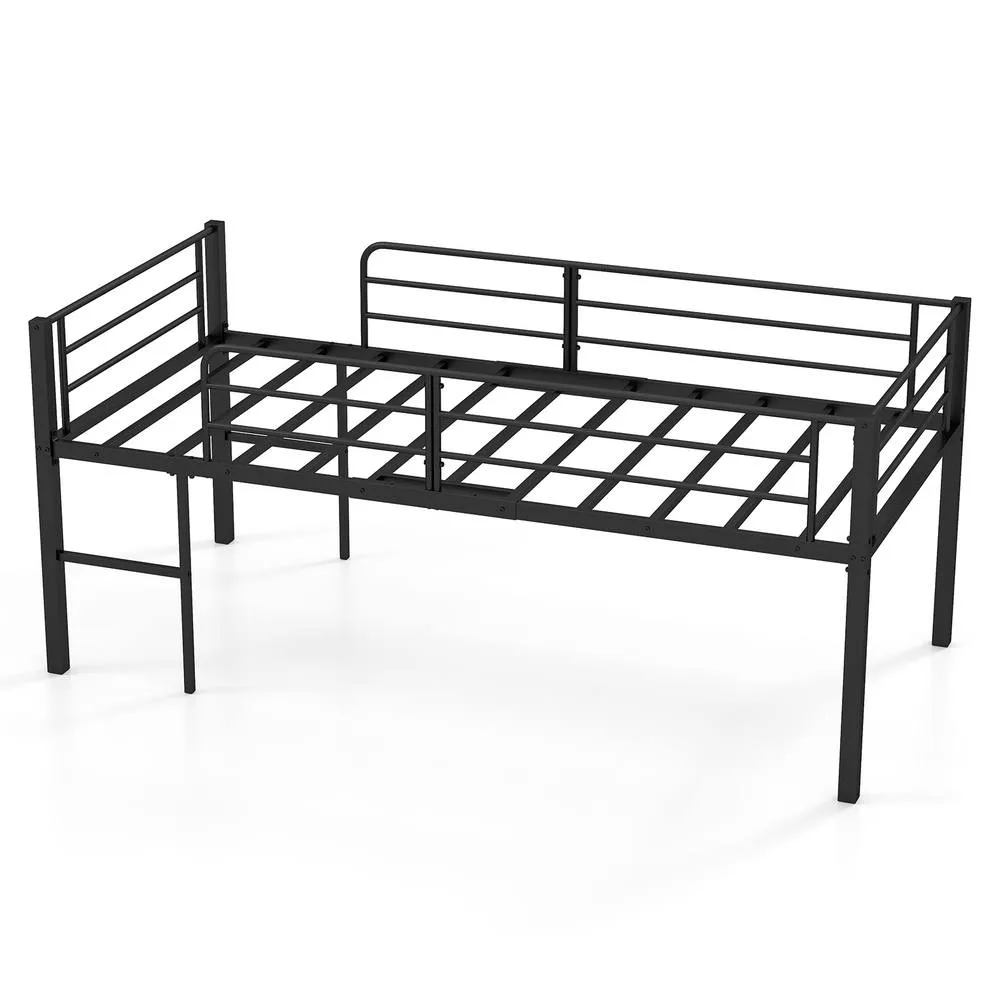 Costway Single Size Low Loft Bed Metal Bed Frame w/ Guardrails & 2 Ladders in Black