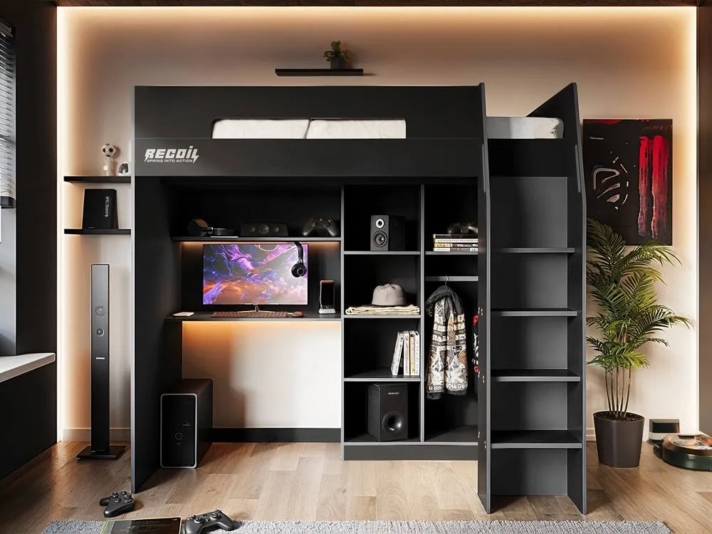 Flair Summit Gaming High Sleeper with Wardrobe Black in Grey 2