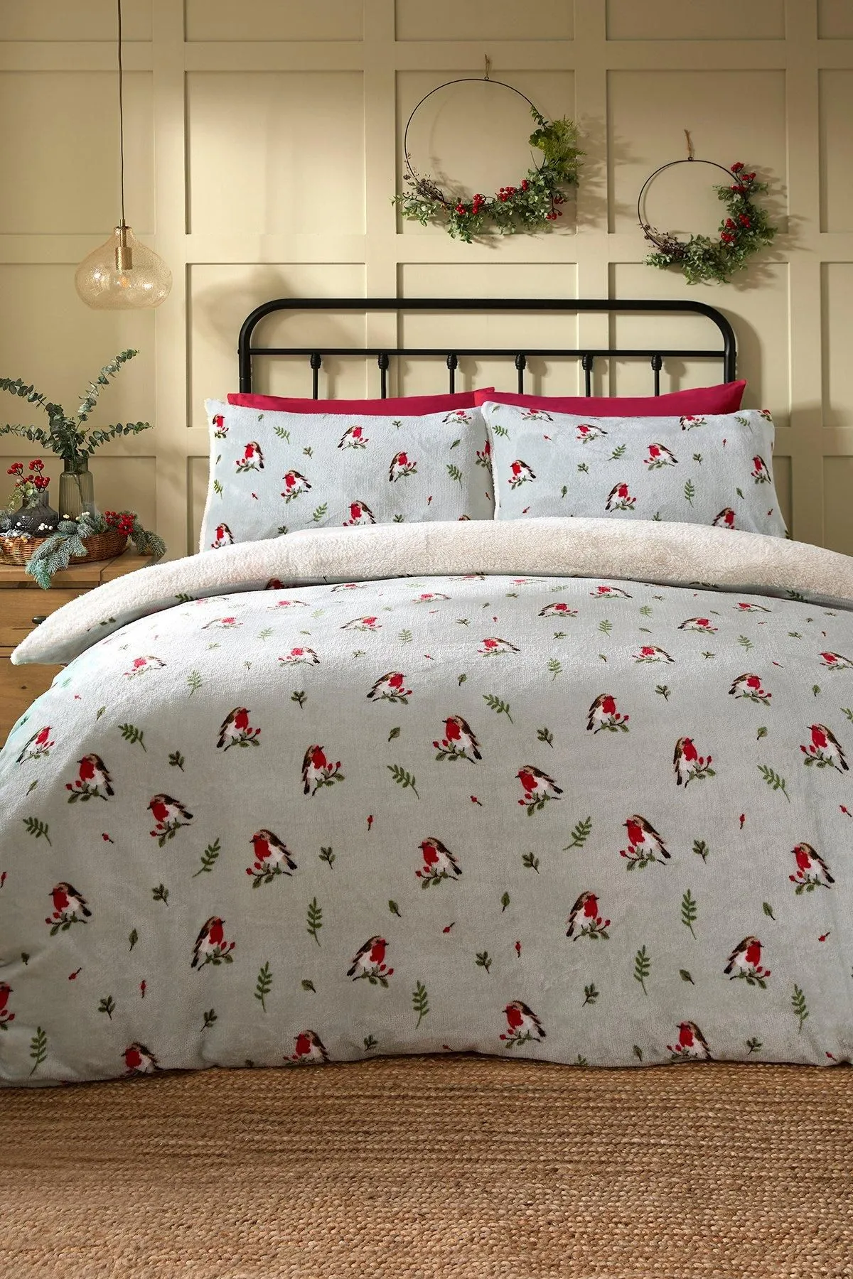 Dreams & Drapes 'Winter Robin' Plush Duvet Cover Set in Duck Egg Blue