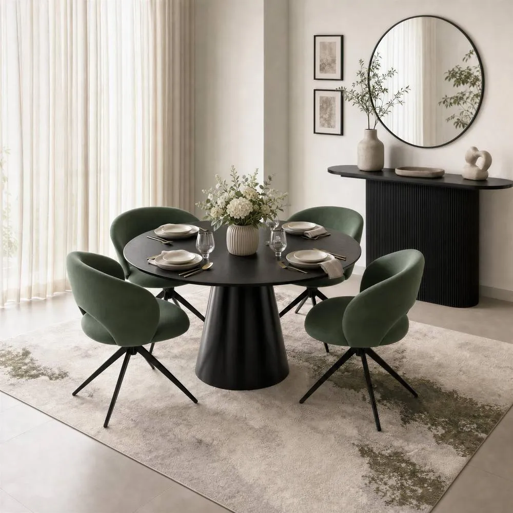 FurnitureboxUK Palma Round Black Semi Gloss Dining Table 4 Anika Swivel Chairs in Green 1