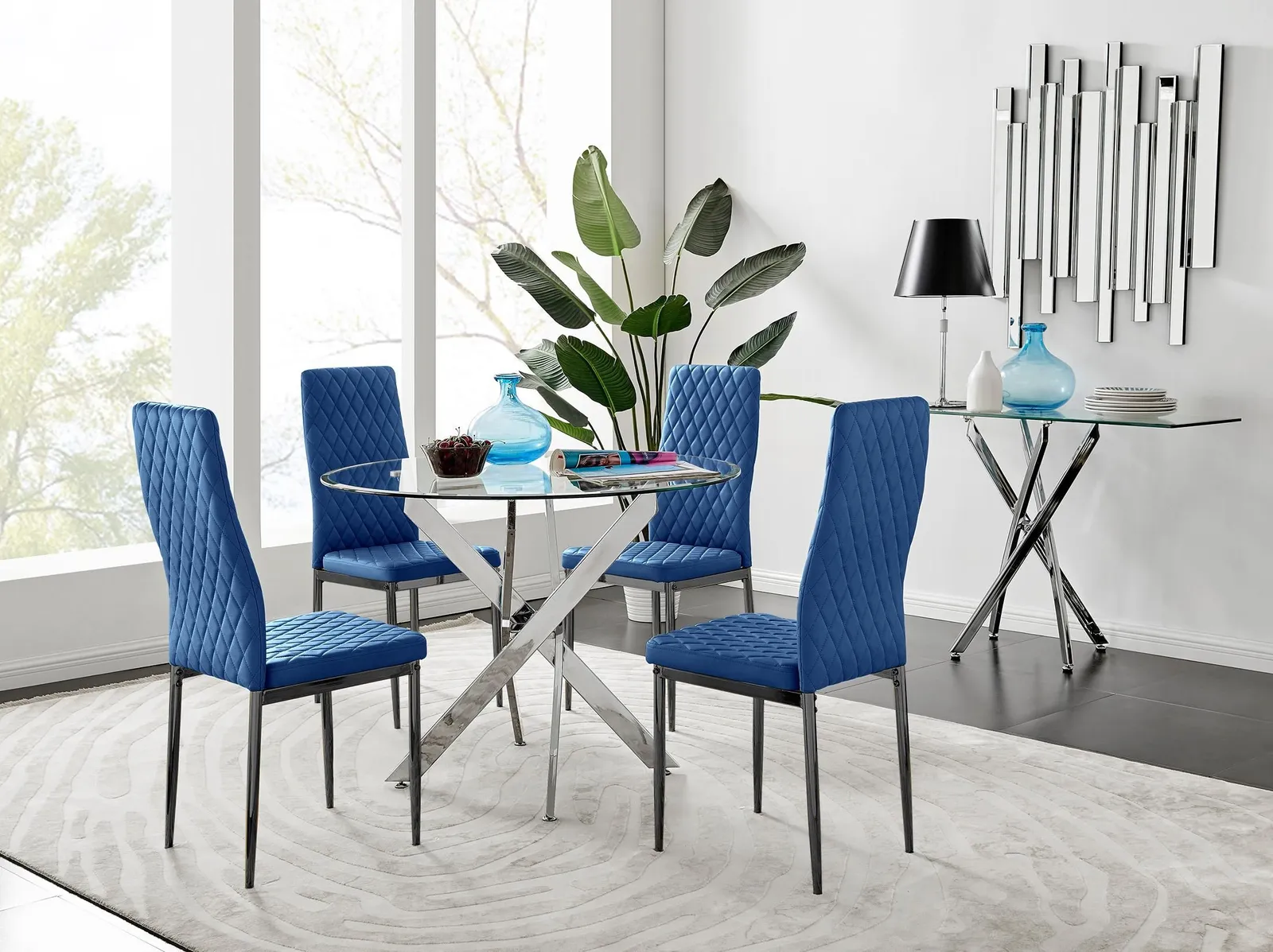 FurnitureboxUK Novara 100cm Round Dining Table & 4 Velvet Milan Black Leg Chairs in Navy