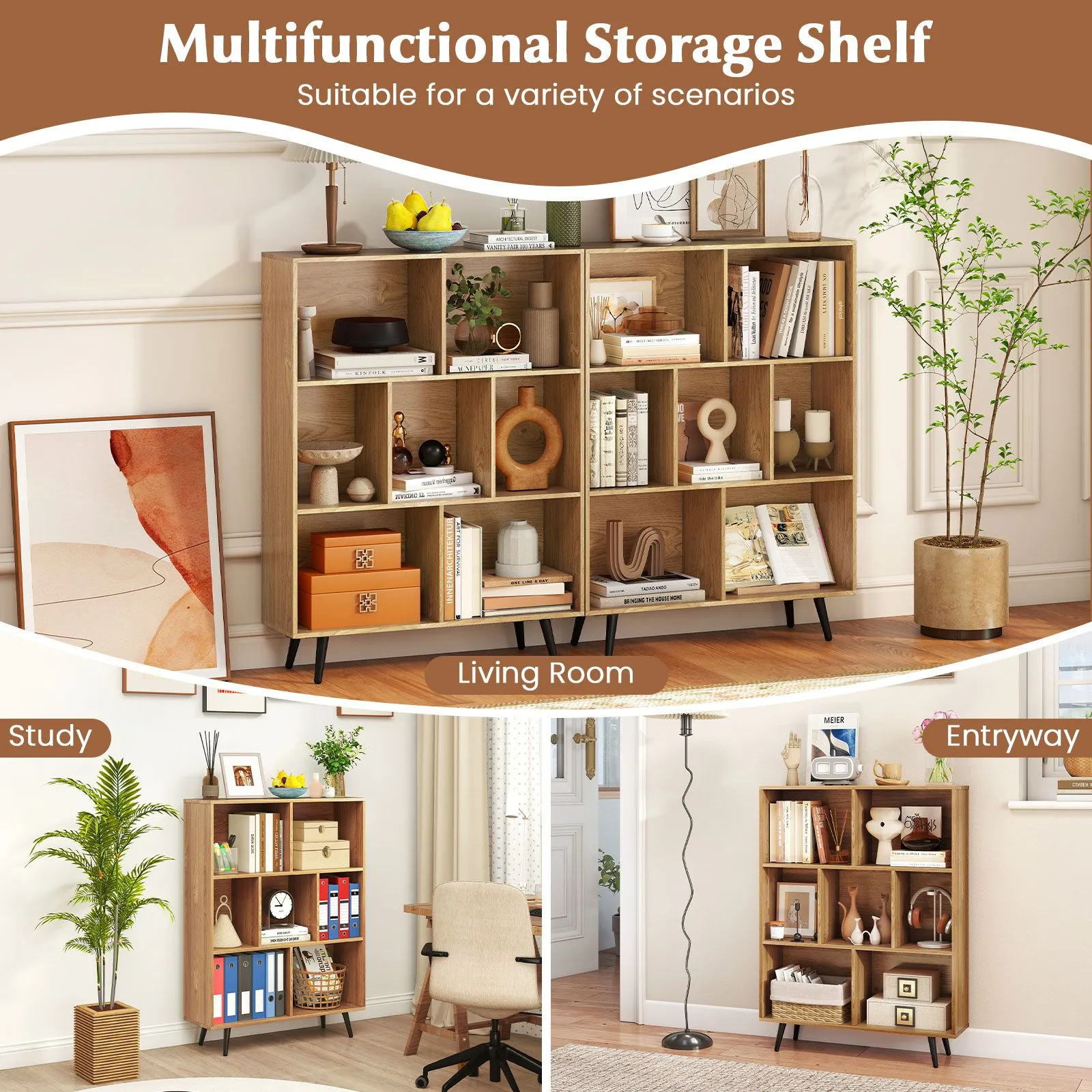 Costway 7-Cube Bookcase Mid Century Modern Storage Organizer in Natural 6