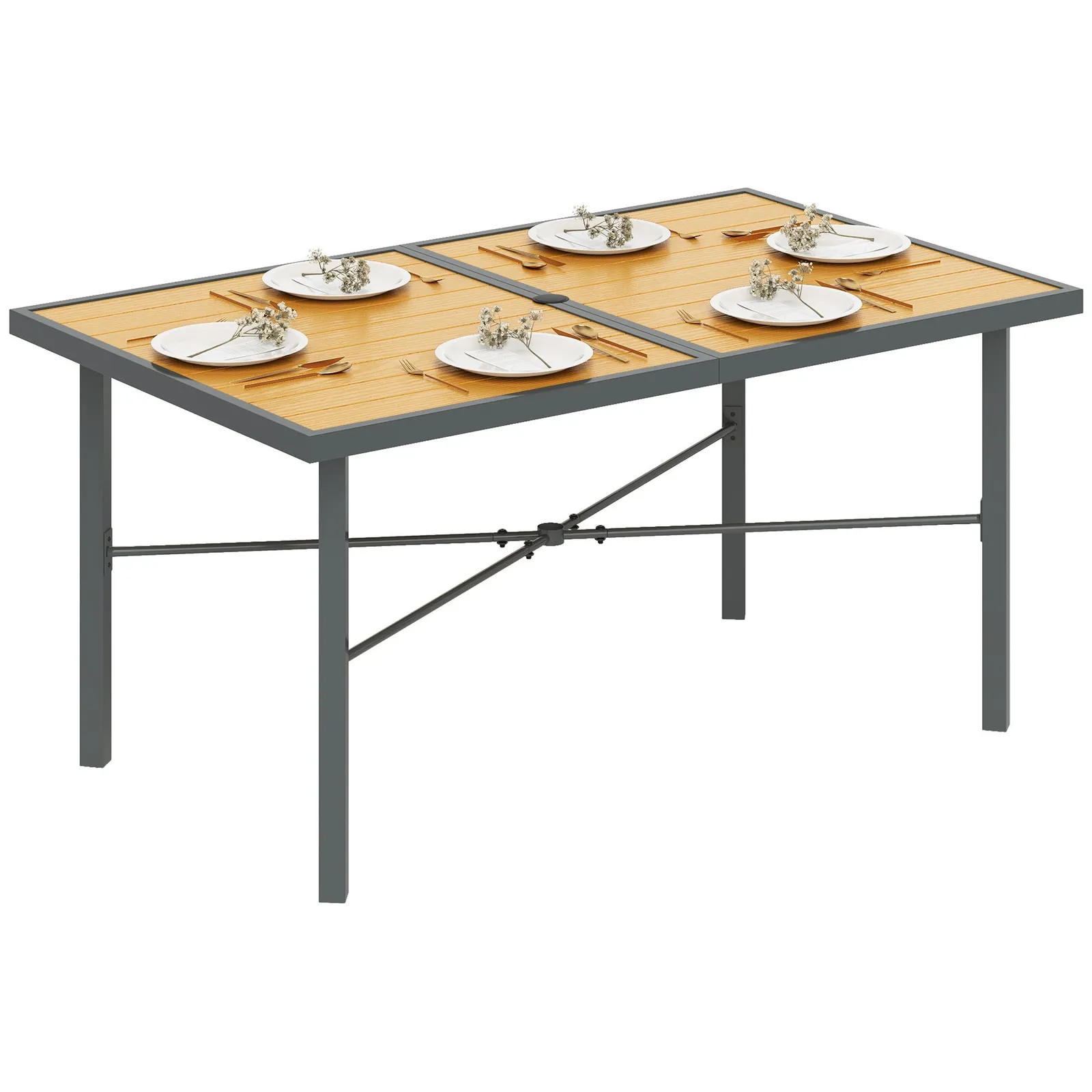 OUTSUNNY Garden Table for 6, Outdoor Dining Table with 5cm Umbrella Hole in Natural 2