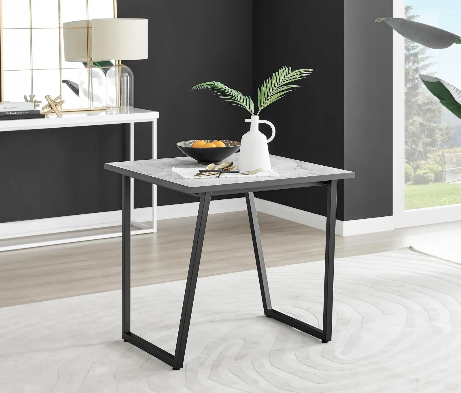 FurnitureboxUK Carson White Marble Effect Square Dining Table & 2 Faux Leather Corona Black Leg Chairs 2