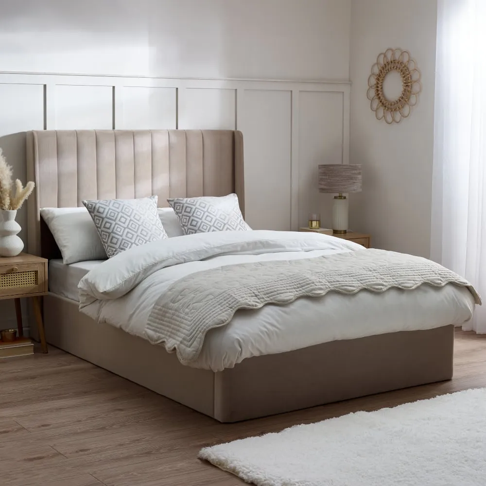 Harper - King Size - Winged Ottoman Storage Bed - Warm Stone - Velvet - 6ft - Happy Beds 1